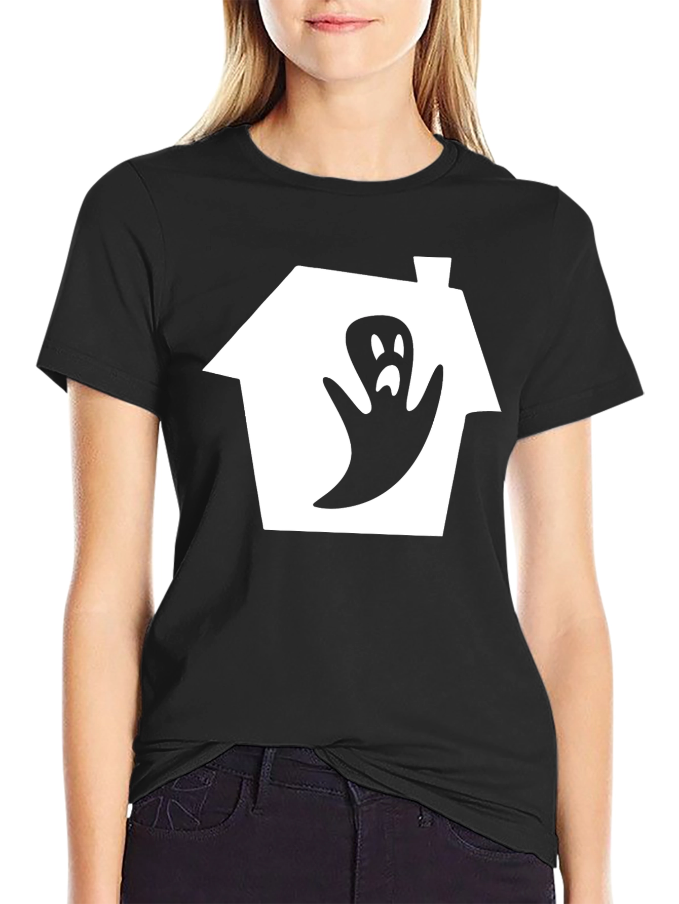 Spooky Ghost House Graphic Tee - Black Cotton