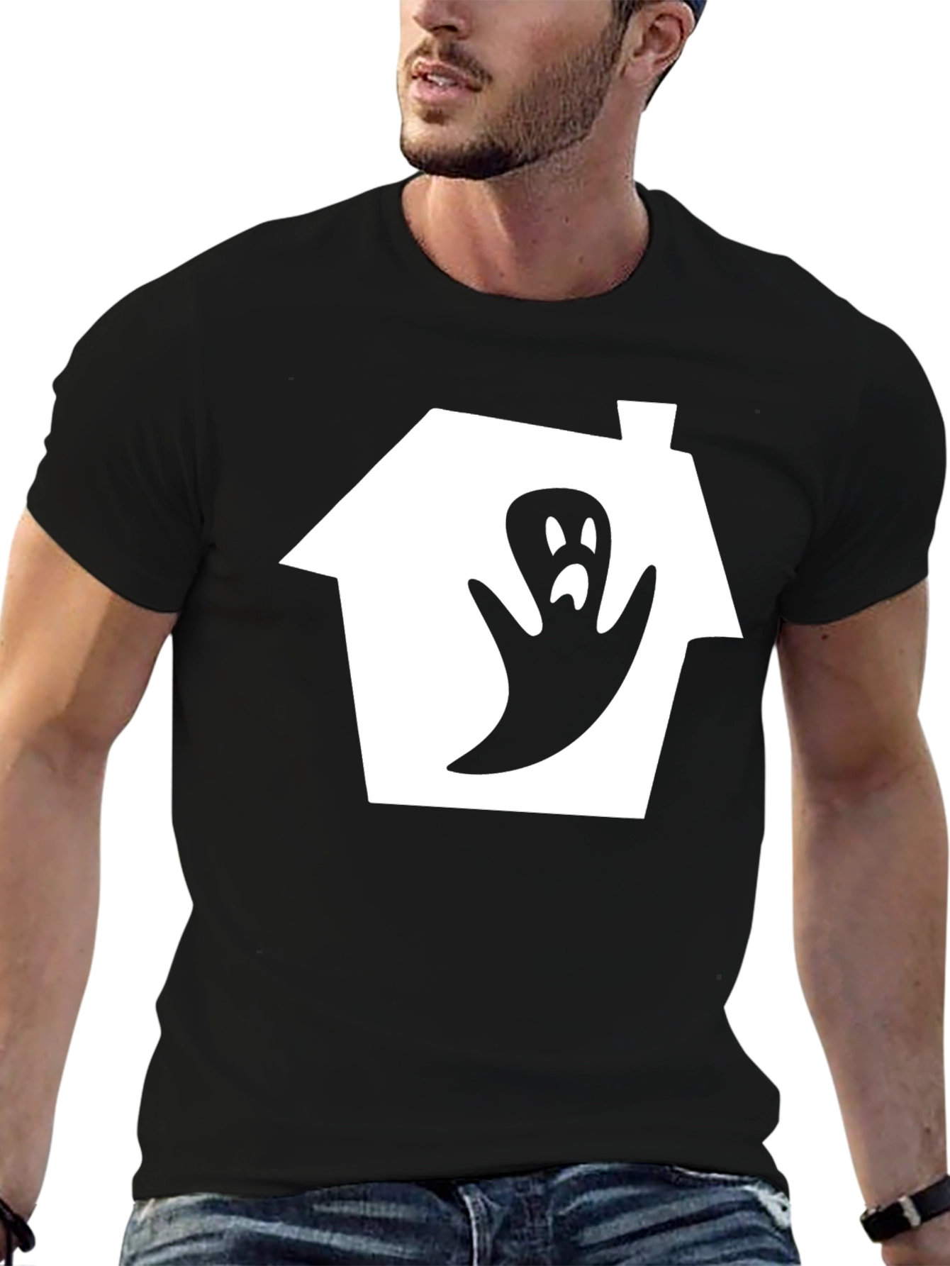 Spooky Ghost House Graphic Tee - Black Cotton