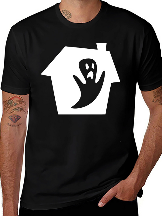 Spooky Ghost House Graphic Tee - Black Cotton