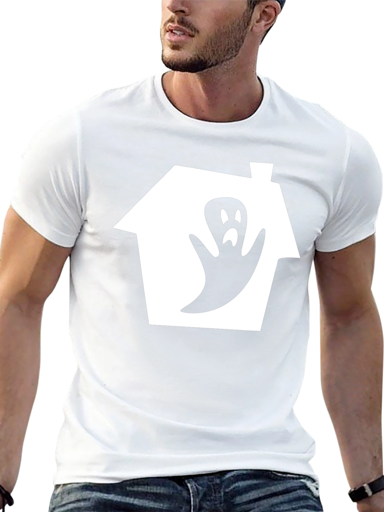 Spooky Ghost House Graphic Tee - Black Cotton