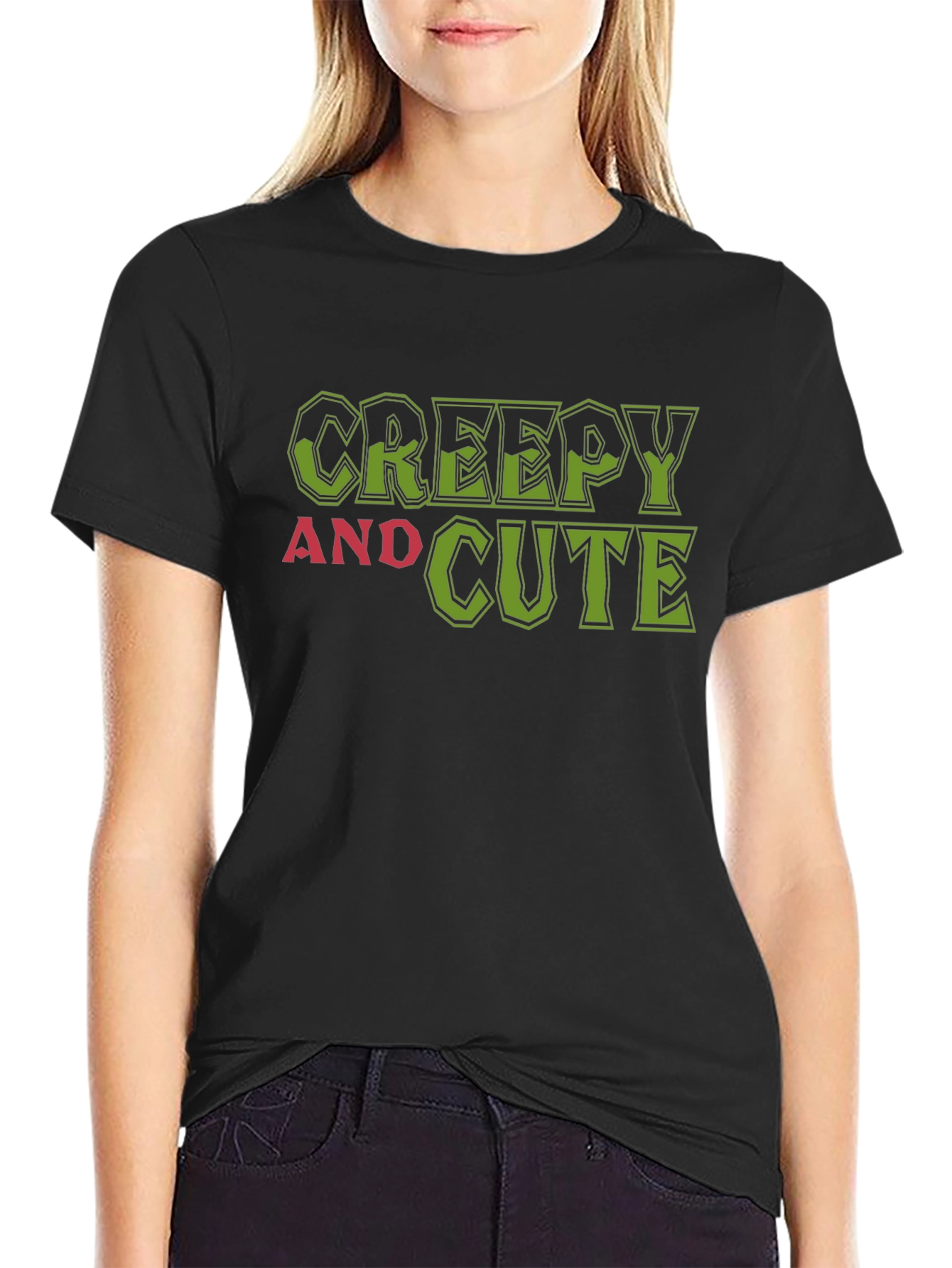Creepy and Cute Graphic Print Black T-Shirt