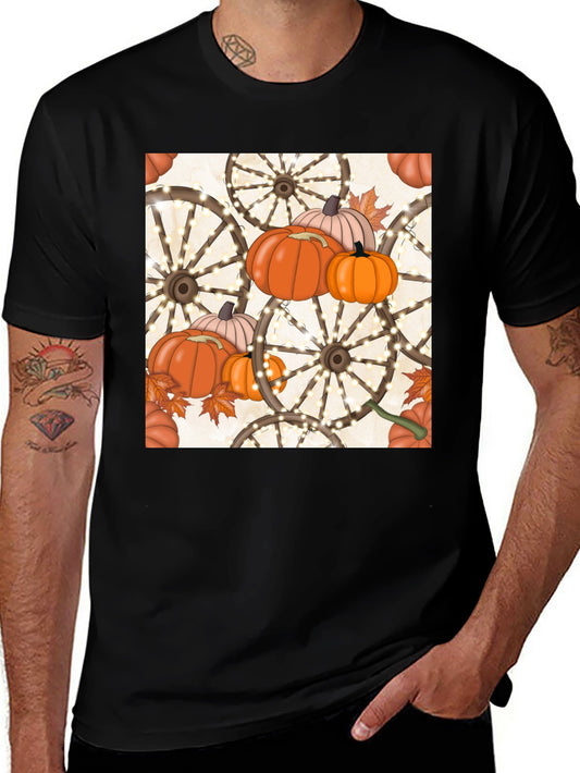 Fall Pumpkin & Wagon Wheel T-Shirt - Autumn Harvest Design