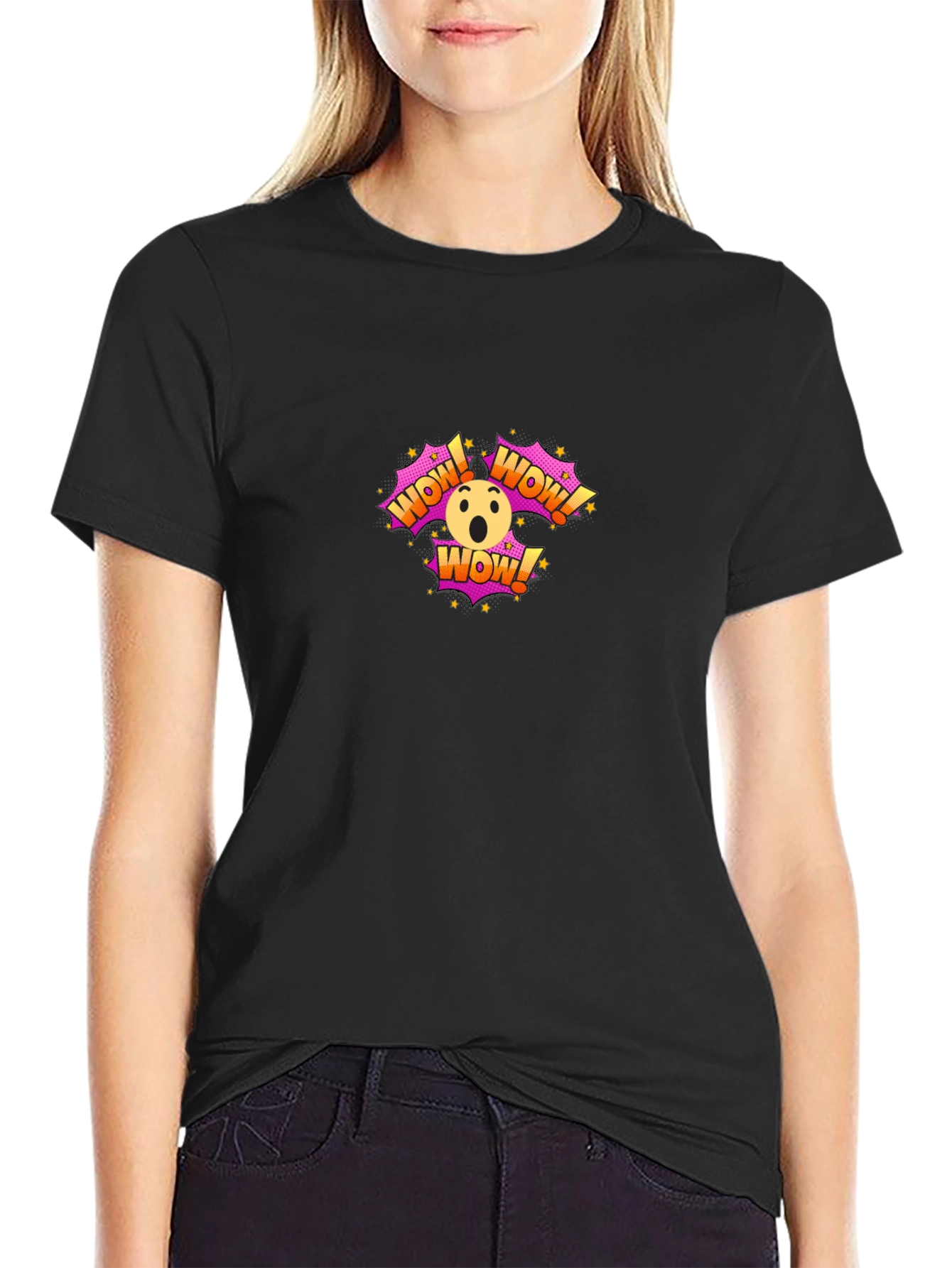 WOW! Emoji Graphic Print Black T-Shirt
