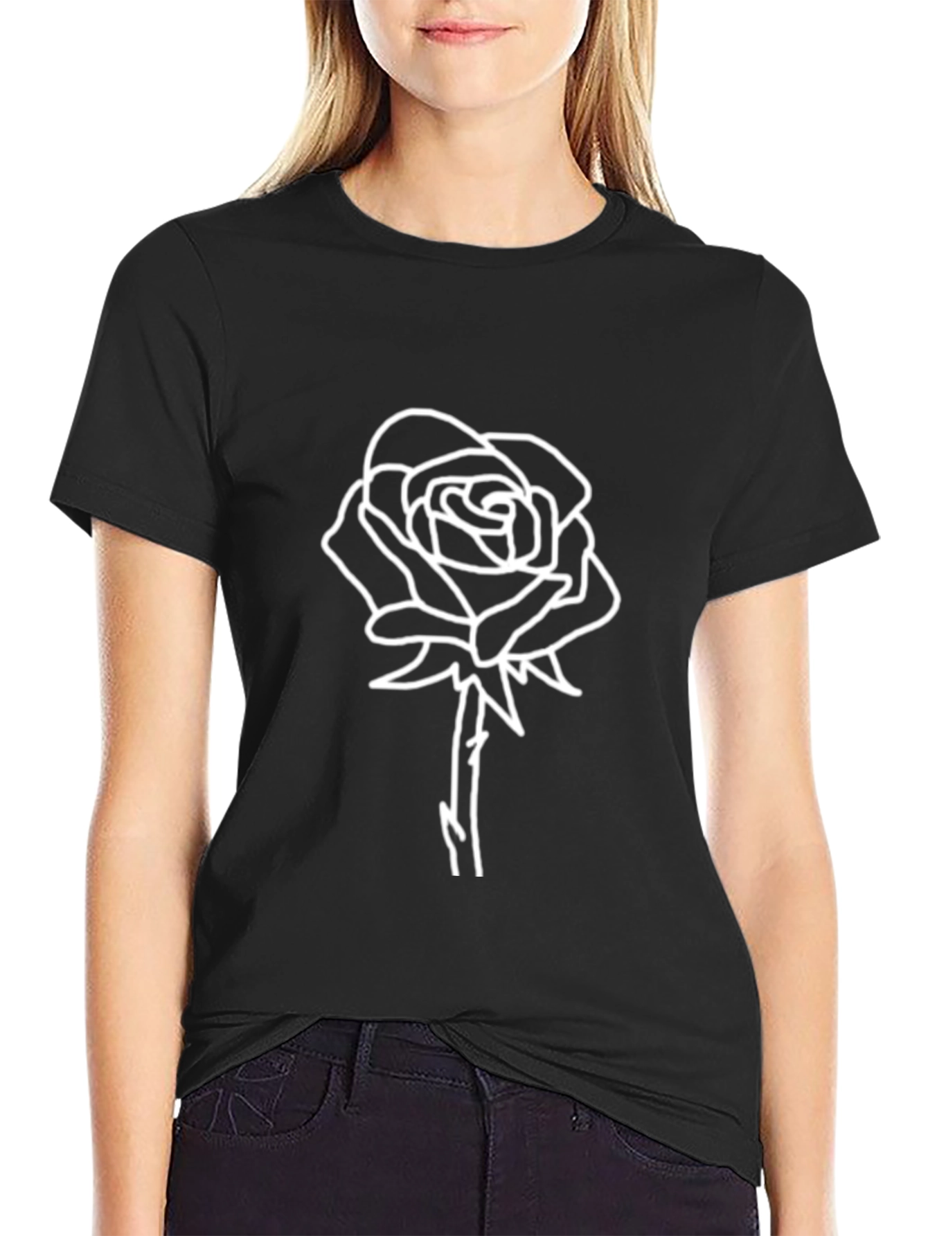 Black T-Shirt with White Rose Outline Graphic