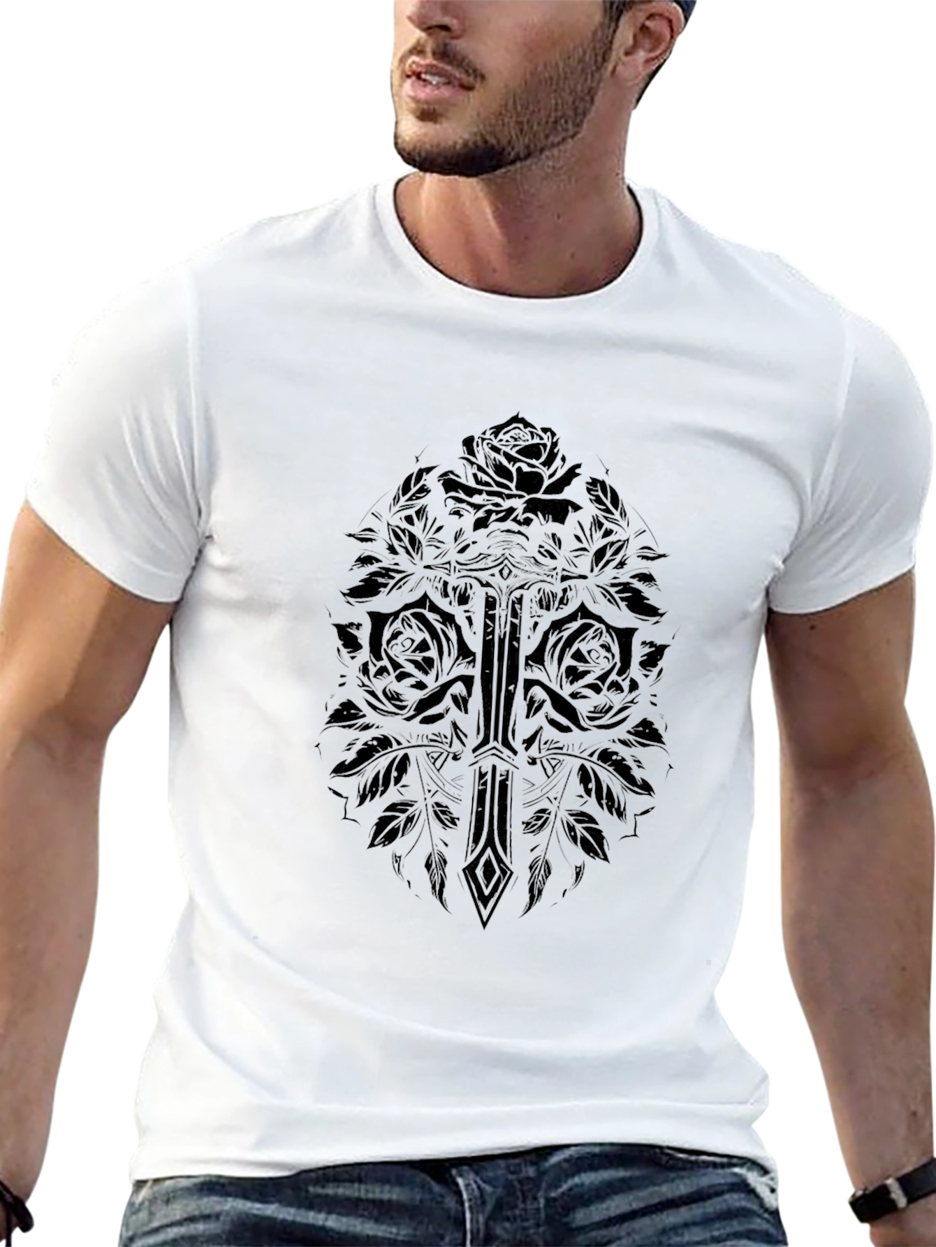 Gothic Rose & Sword Graphic Black T-Shirt