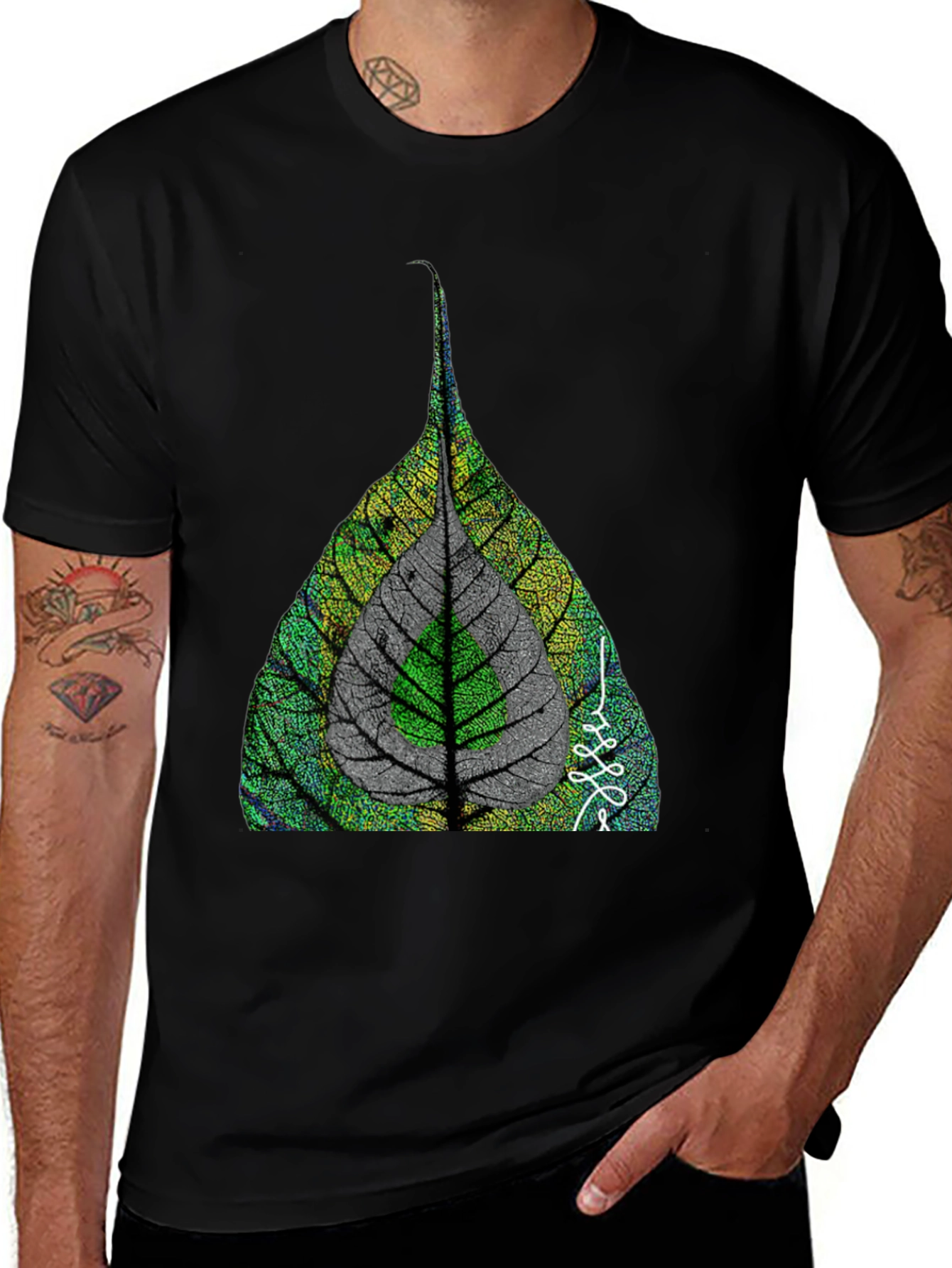Nature Leaf Print Black T-Shirt