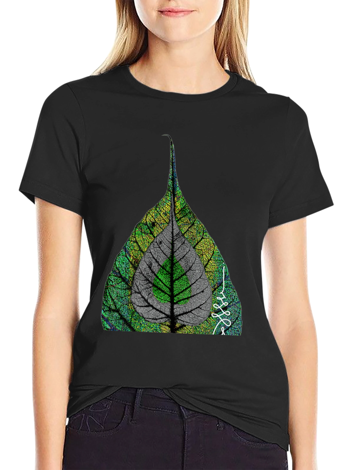 Nature Leaf Print Black T-Shirt