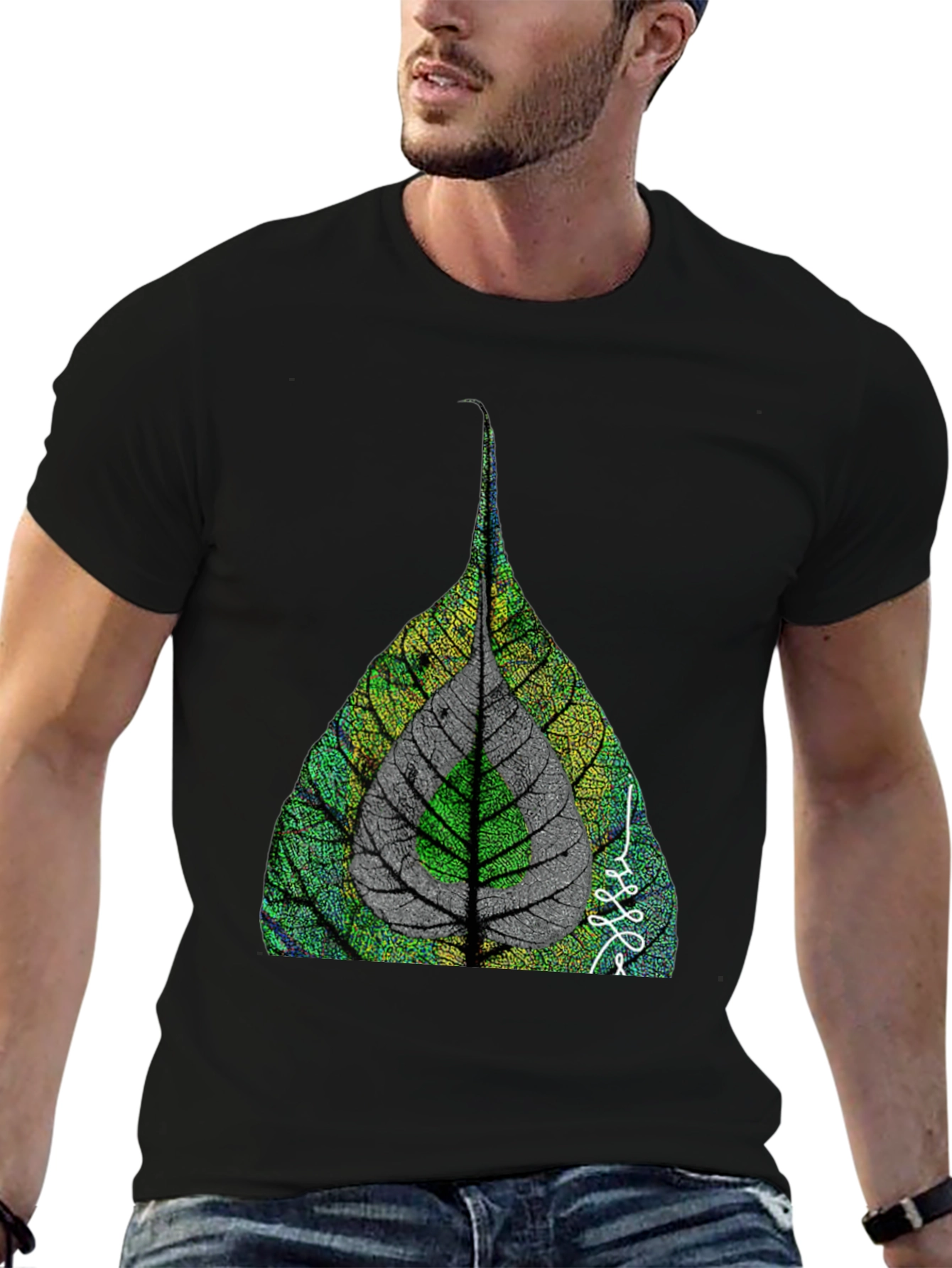 Nature Leaf Print Black T-Shirt