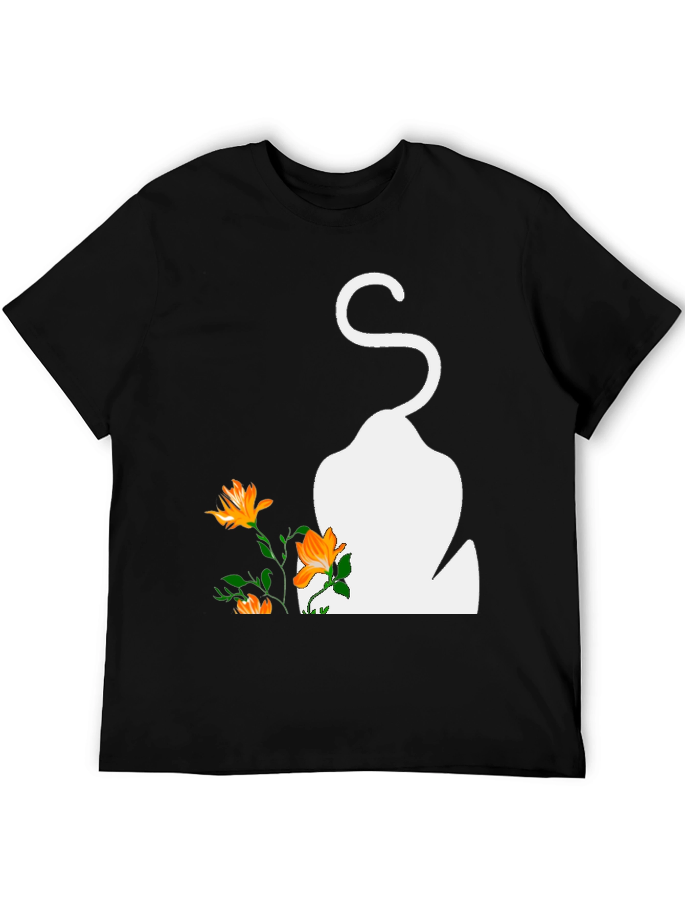 Mens Black T-Shirt with Cat and Flowers Graphic