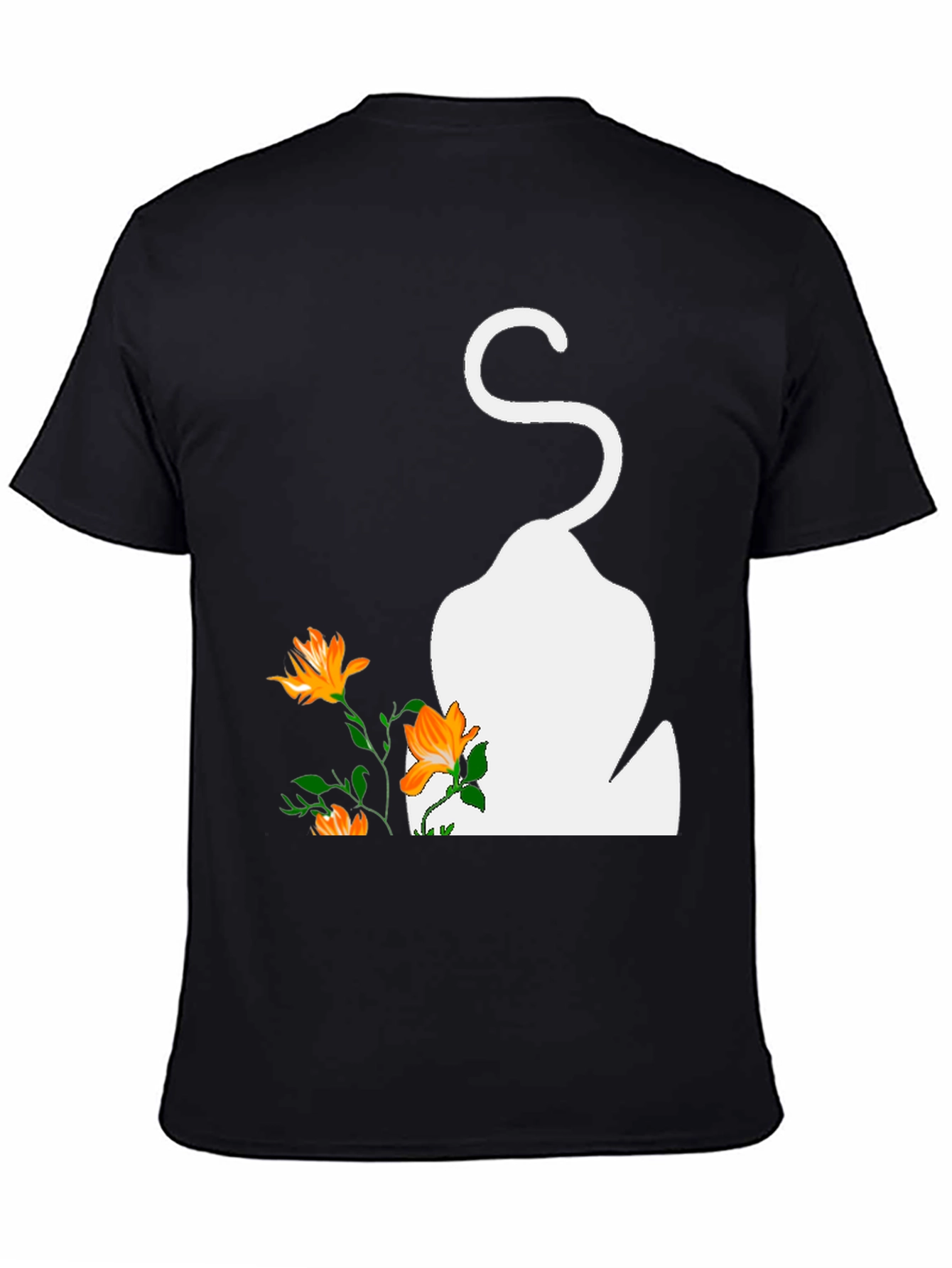 Mens Black T-Shirt with Cat and Flowers Graphic