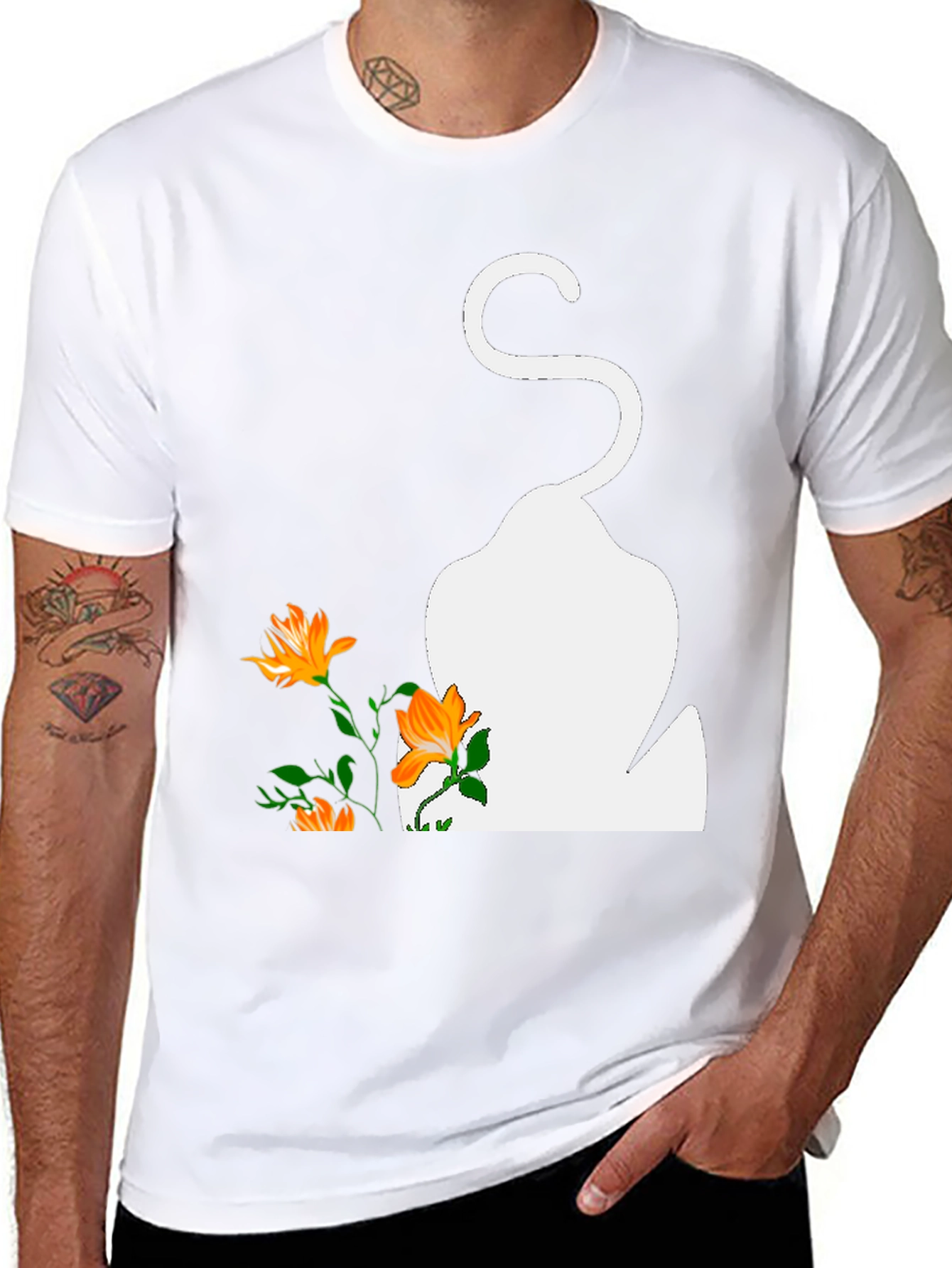 Mens Black T-Shirt with Cat and Flowers Graphic