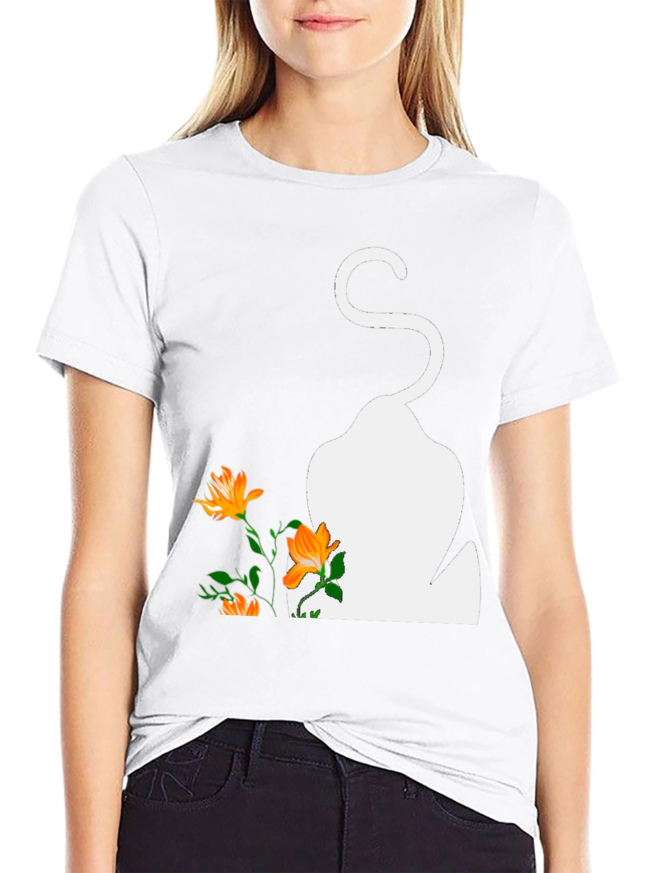 Mens Black T-Shirt with Cat and Flowers Graphic