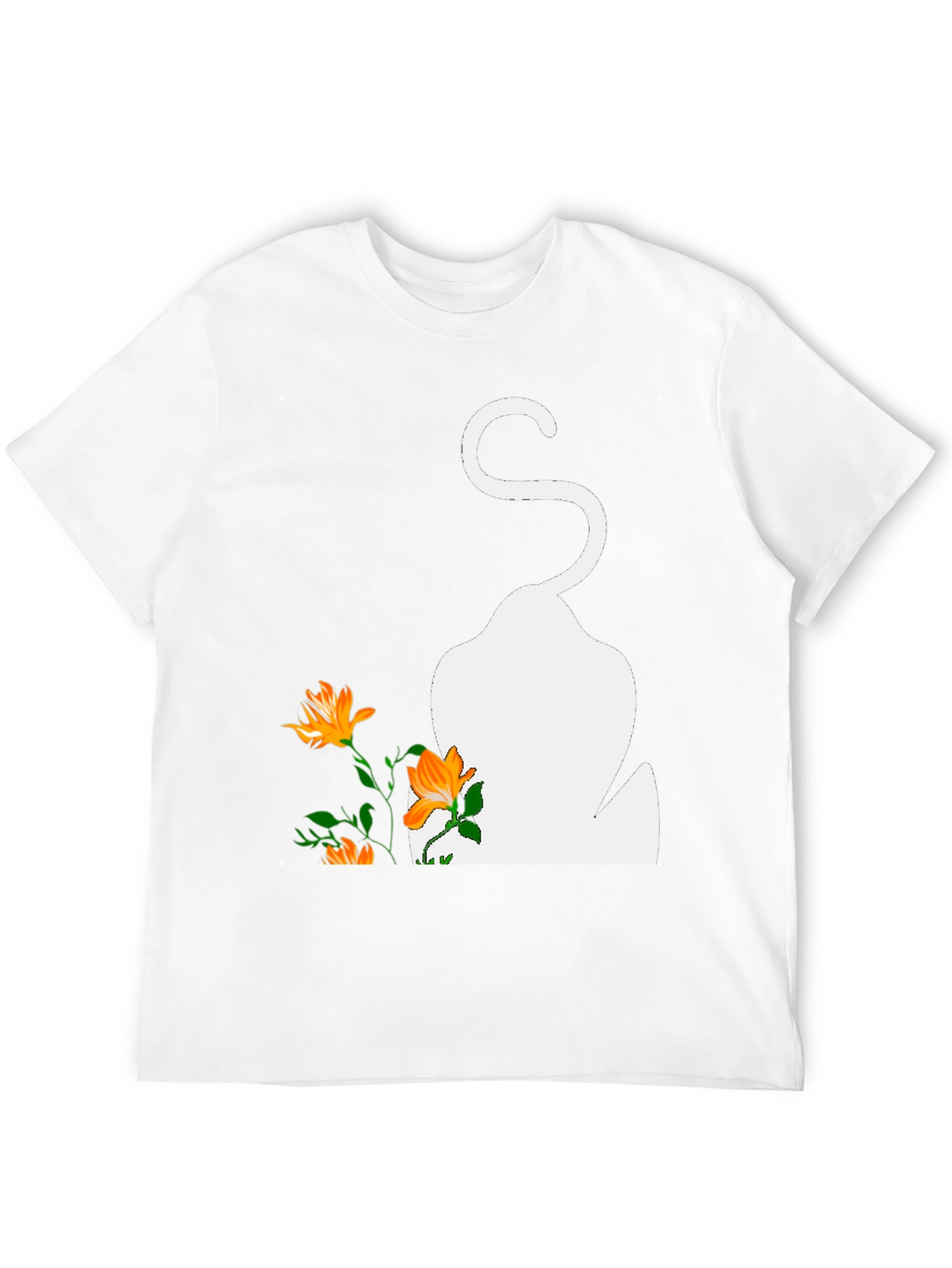 Mens Black T-Shirt with Cat and Flowers Graphic