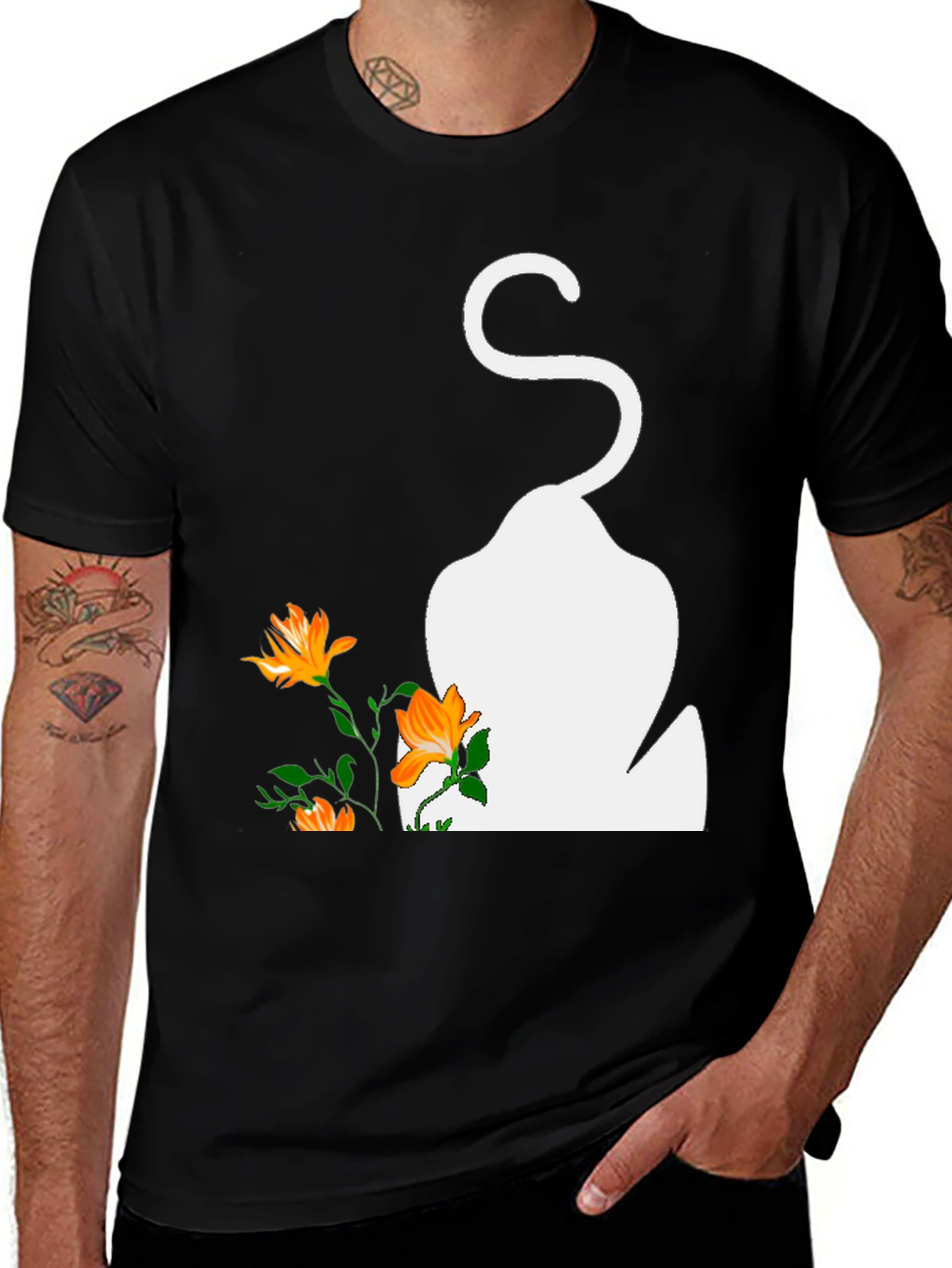 Mens Black T-Shirt with Cat and Flowers Graphic
