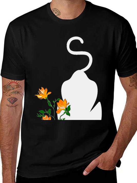 Mens Black T-Shirt with Cat and Flowers Graphic