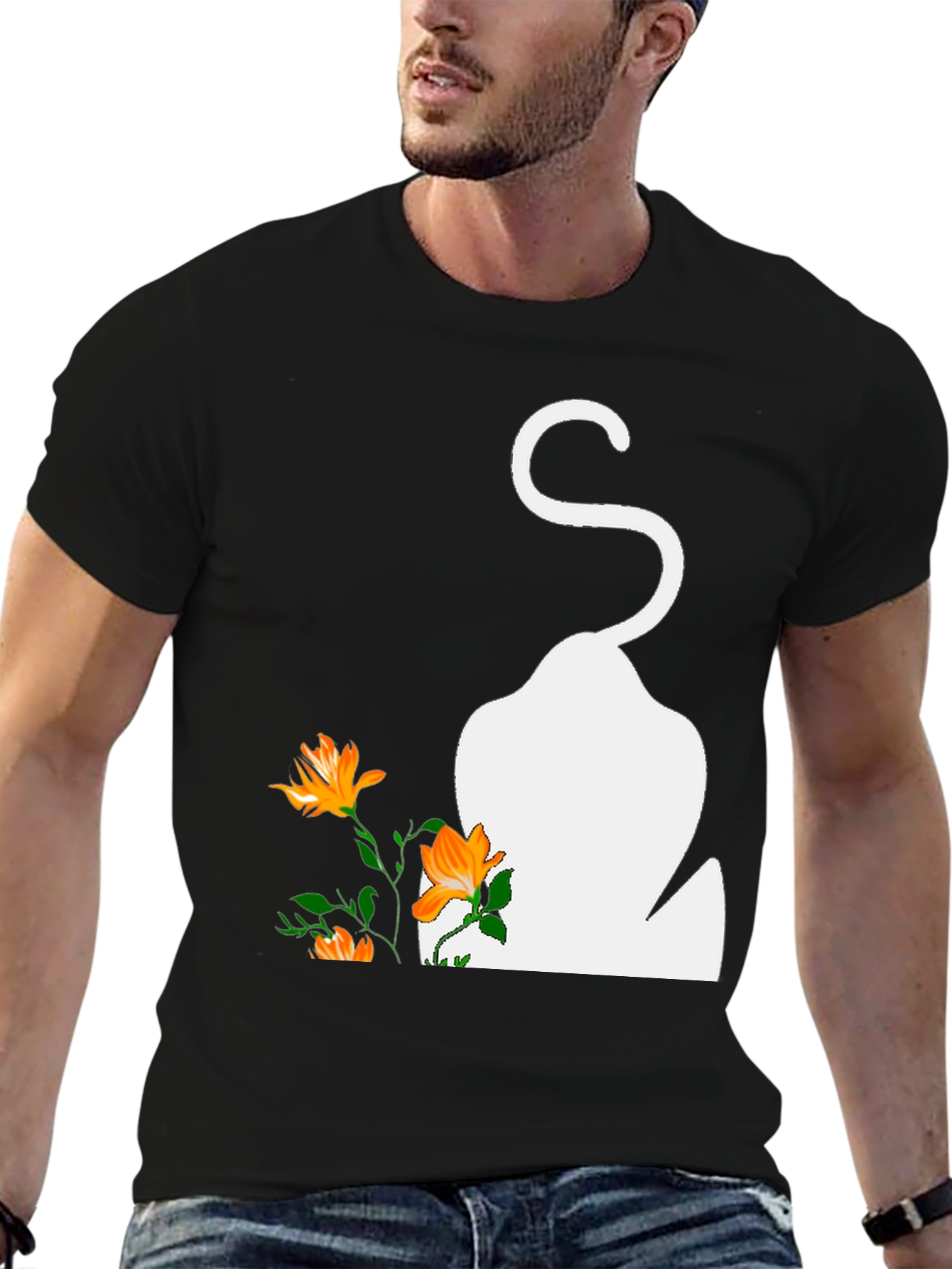 Mens Black T-Shirt with Cat and Flowers Graphic