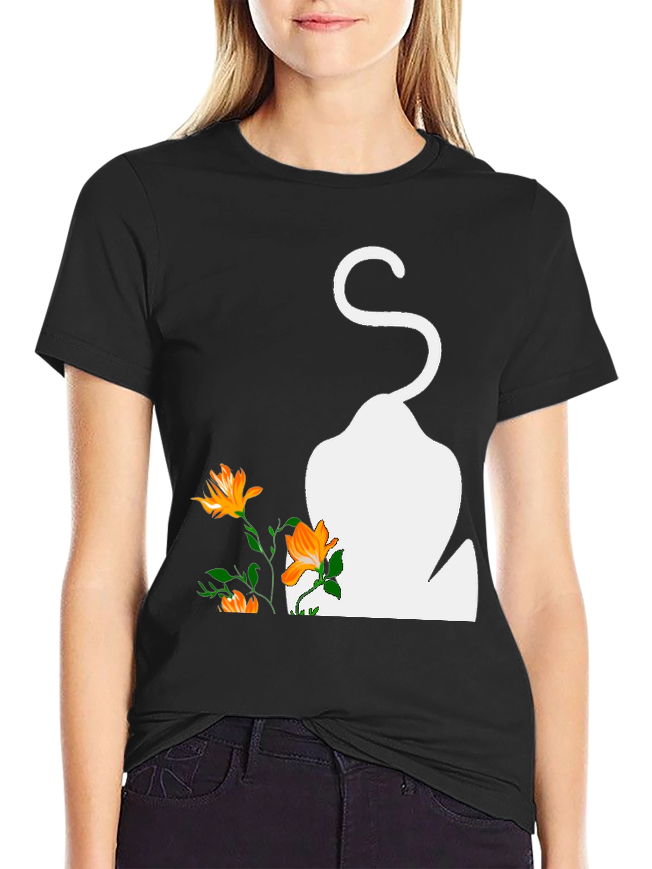 Mens Black T-Shirt with Cat and Flowers Graphic