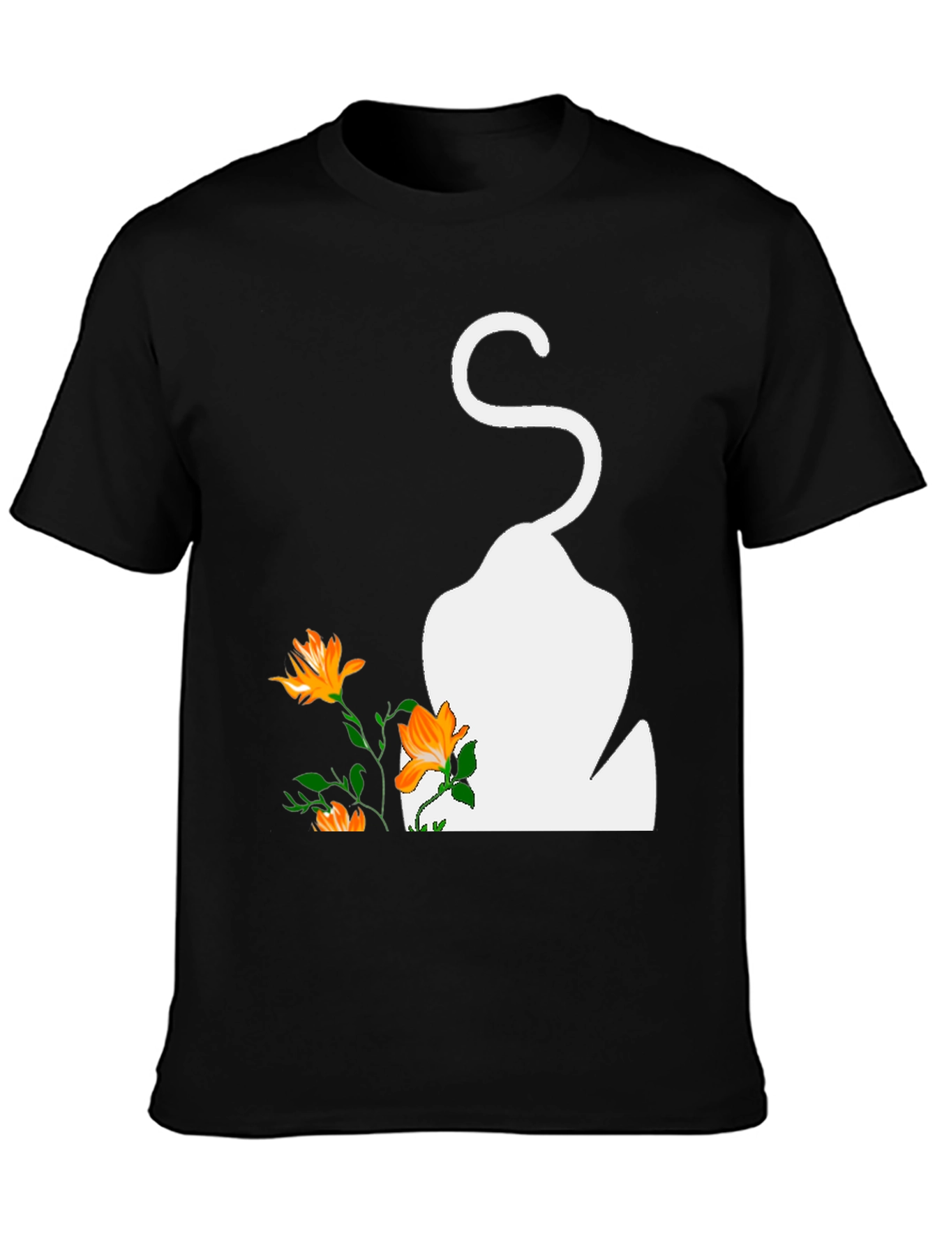Mens Black T-Shirt with Cat and Flowers Graphic