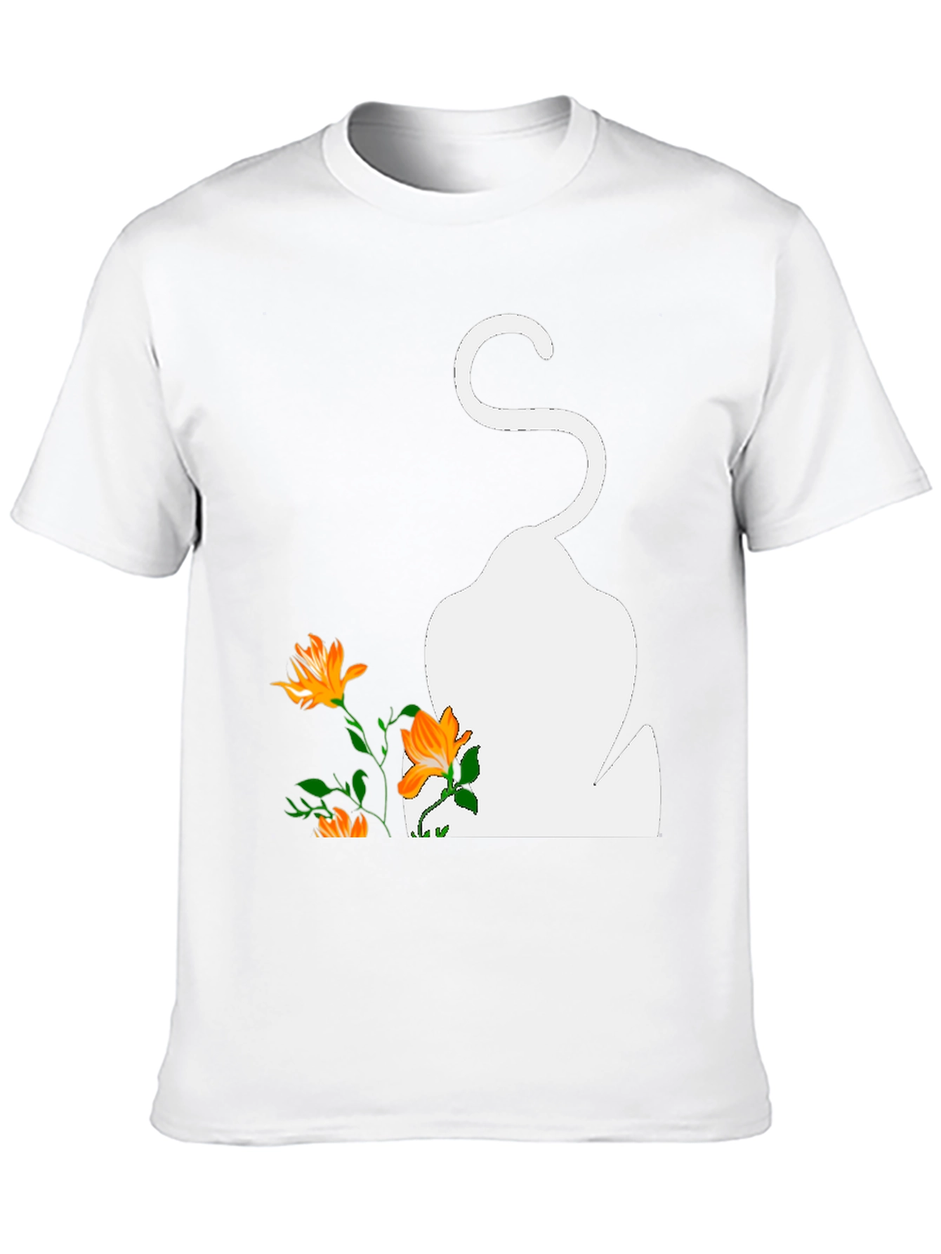 Mens Black T-Shirt with Cat and Flowers Graphic