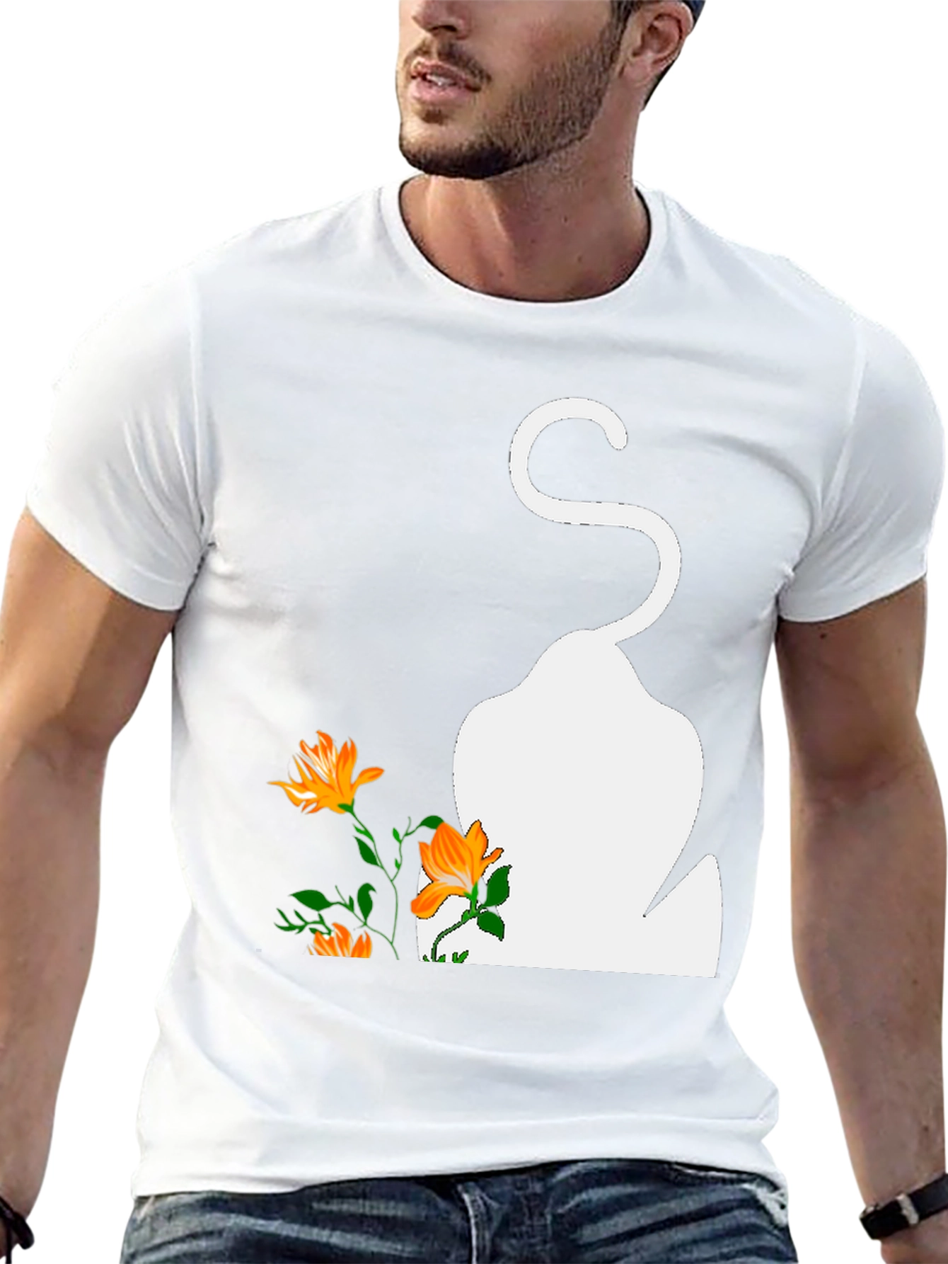 Mens Black T-Shirt with Cat and Flowers Graphic