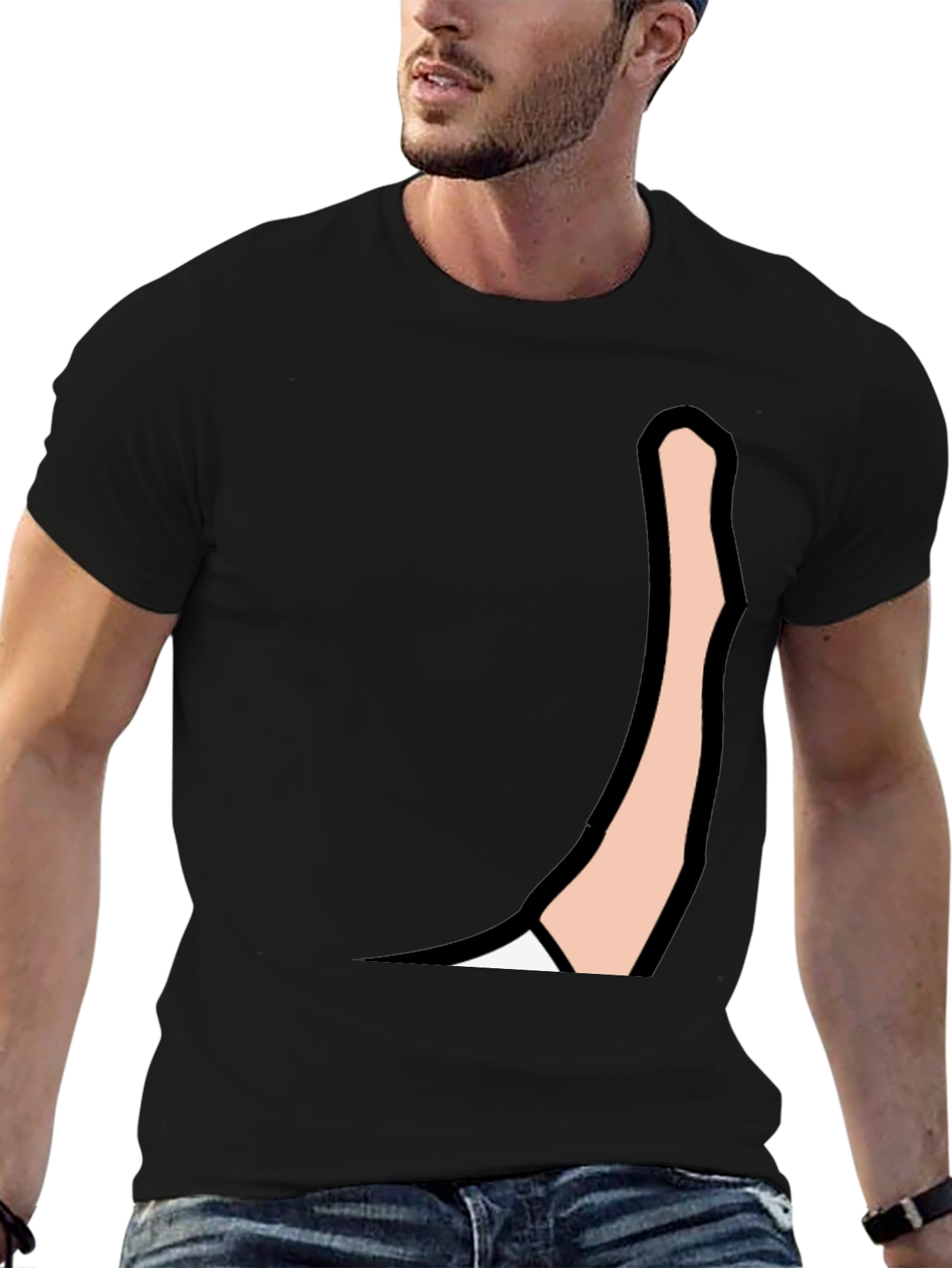 Mens Black Graphic Tee: Cartoon Arm Design