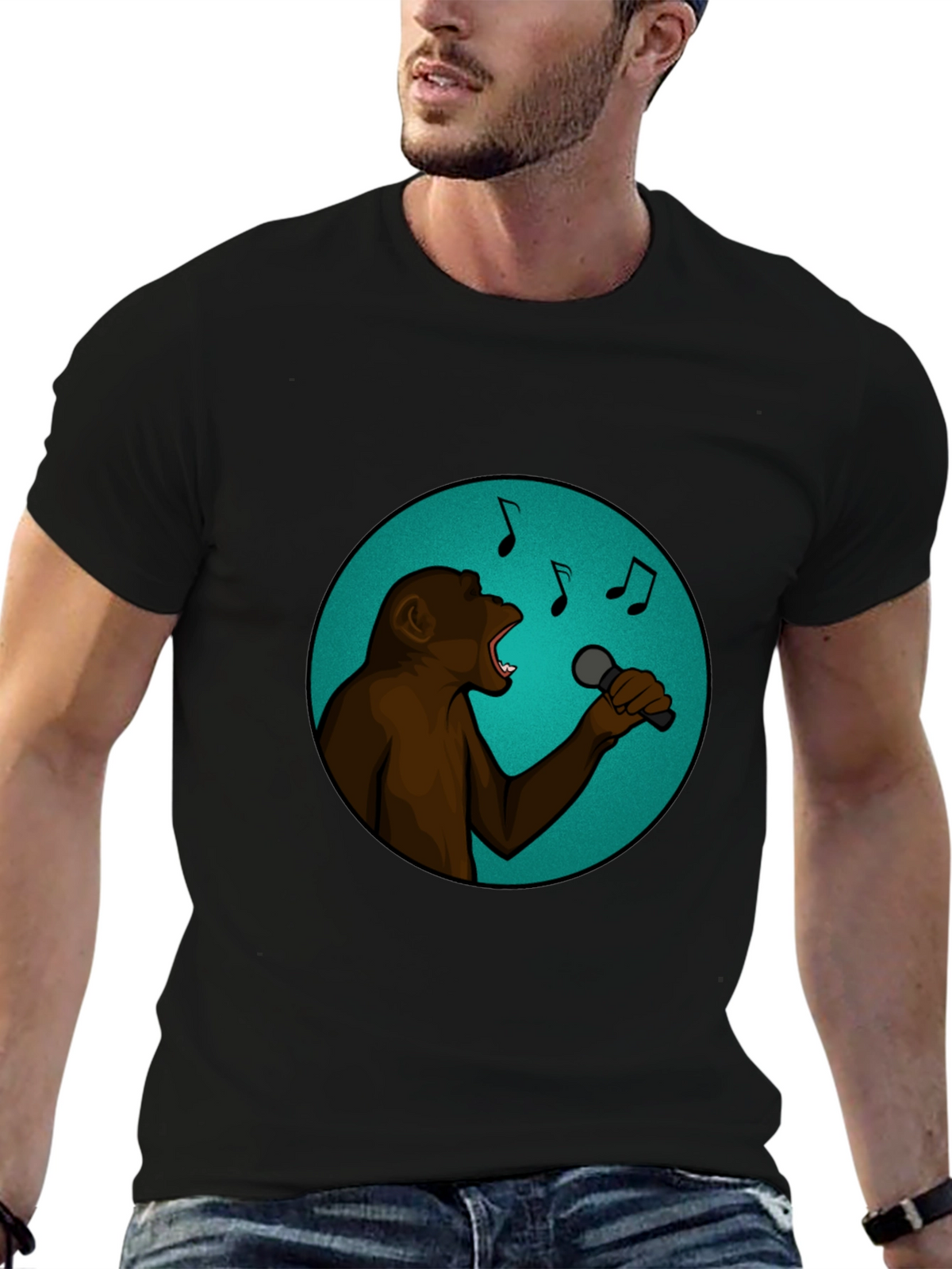 Singing Monkey Graphic Tee - Black Cotton T-Shirt