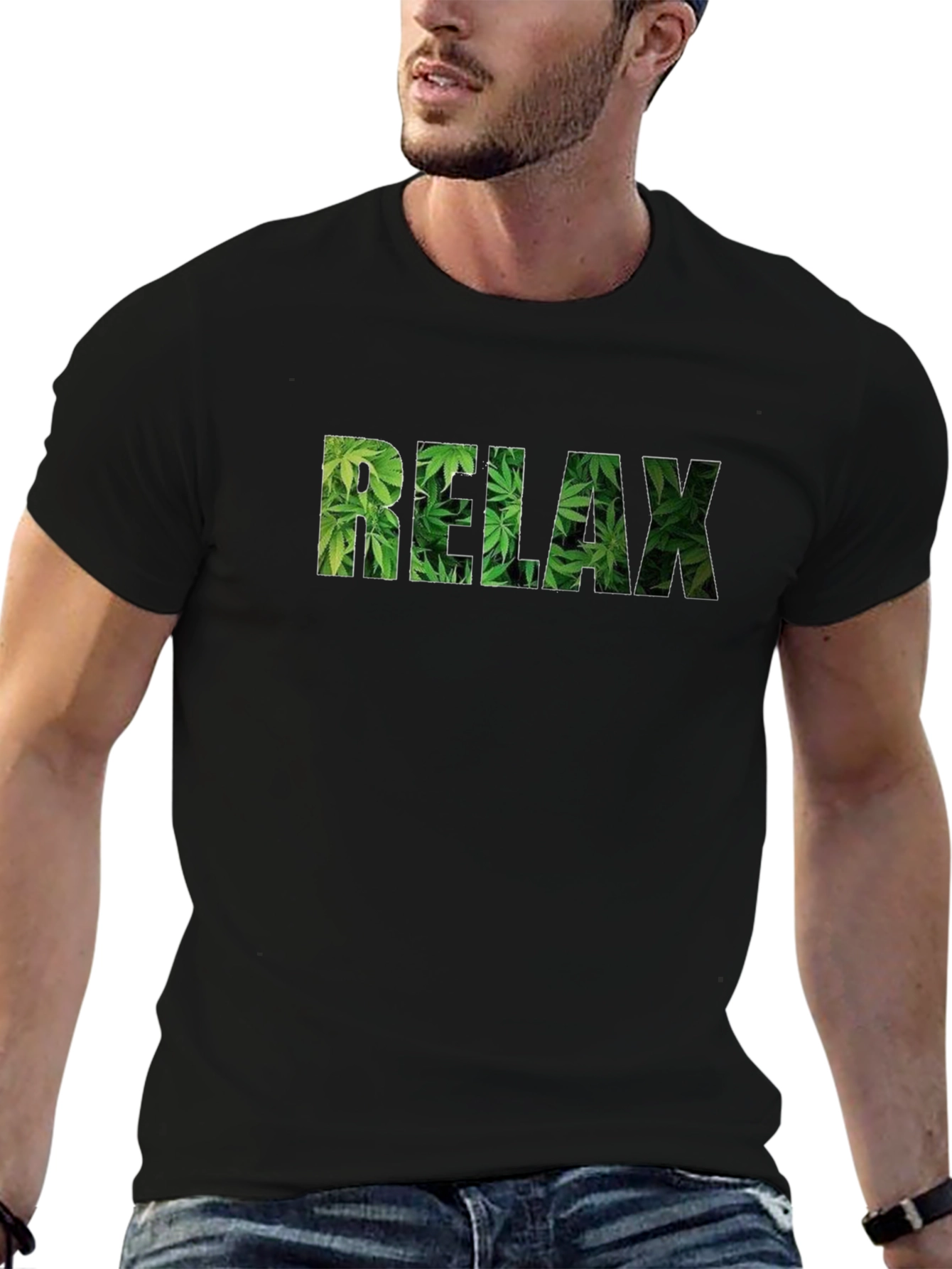 Relax Cannabis Leaf Print Black T-Shirt