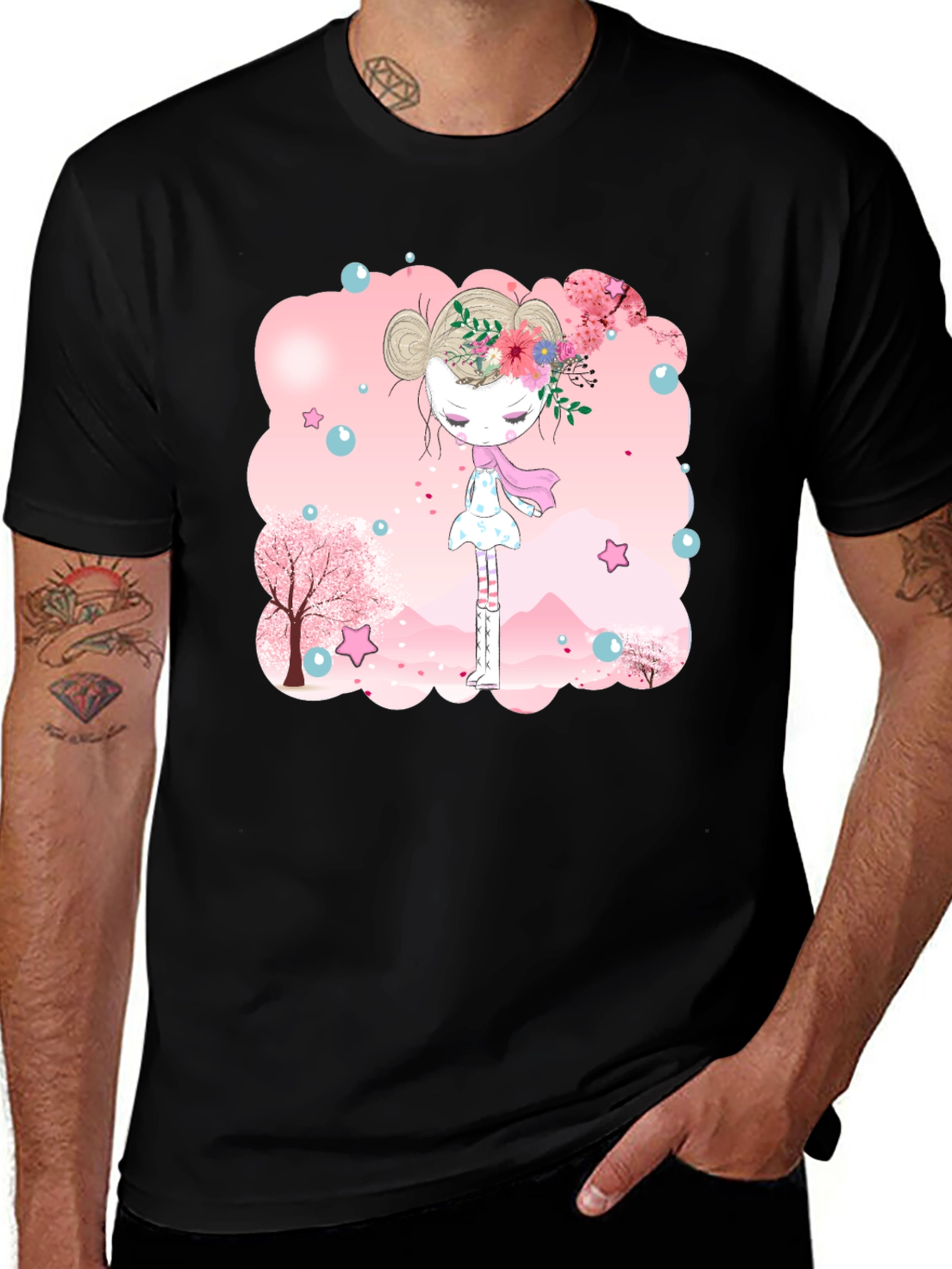 Black T-Shirt with Floral Girl Design