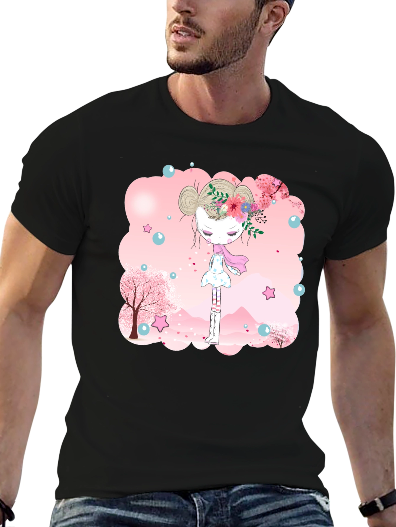 Black T-Shirt with Floral Girl Design