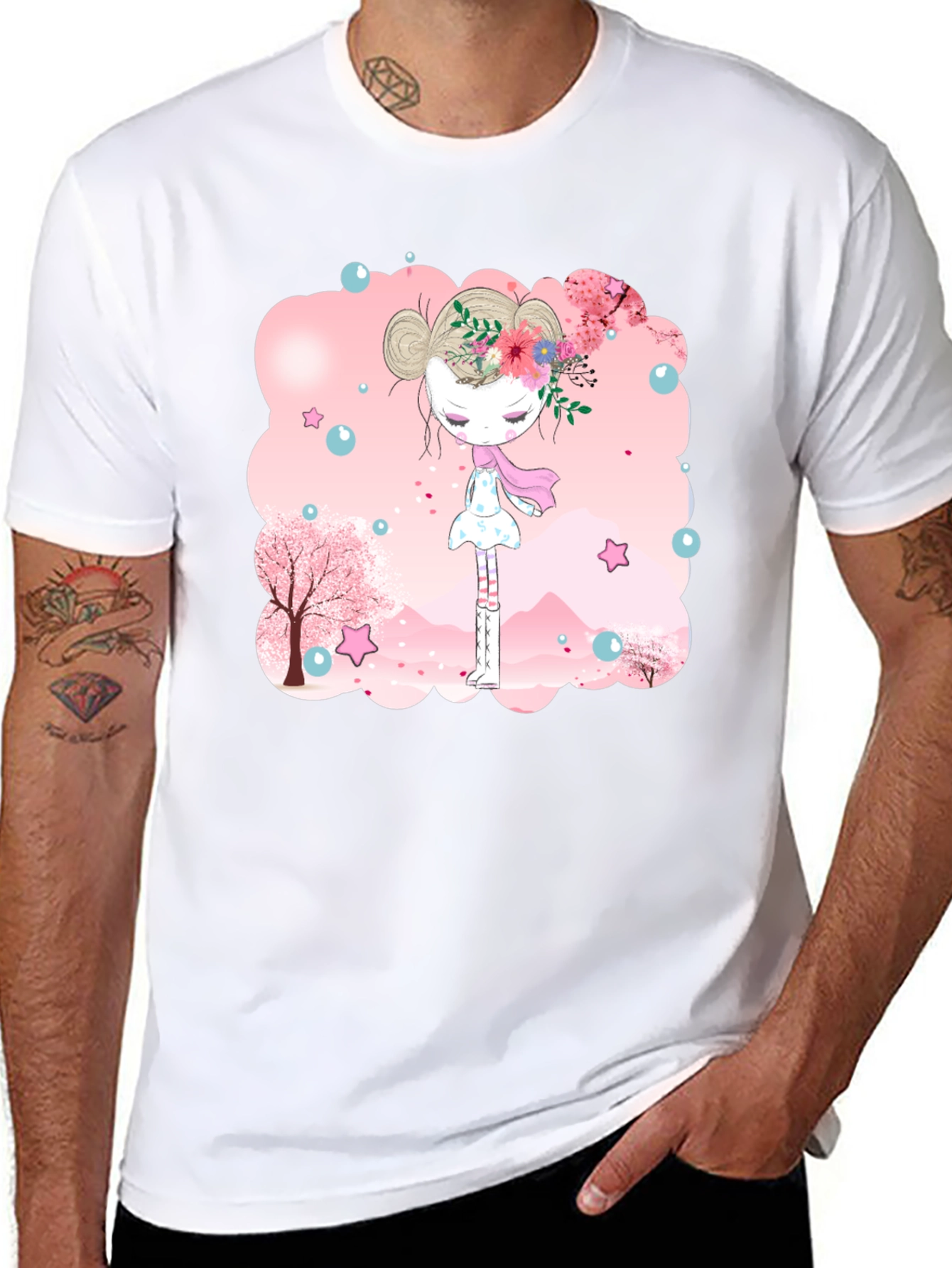 Black T-Shirt with Floral Girl Design