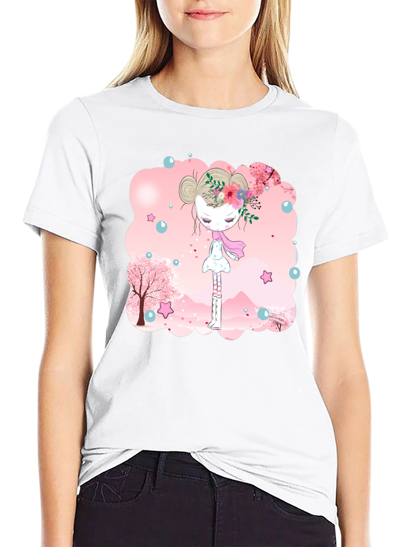 Black T-Shirt with Floral Girl Design
