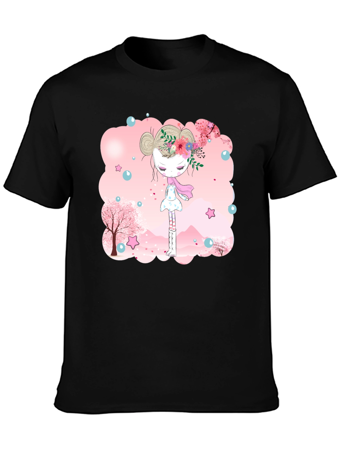 Black T-Shirt with Floral Girl Design