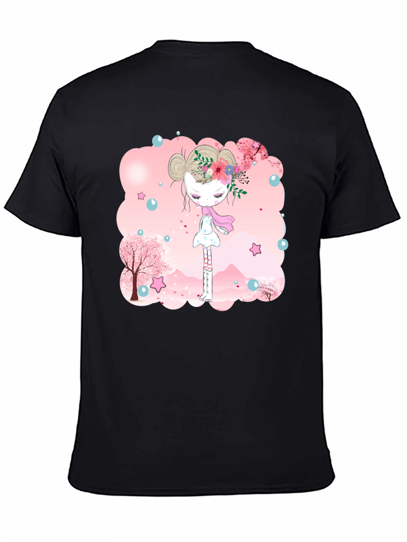 Black T-Shirt with Floral Girl Design
