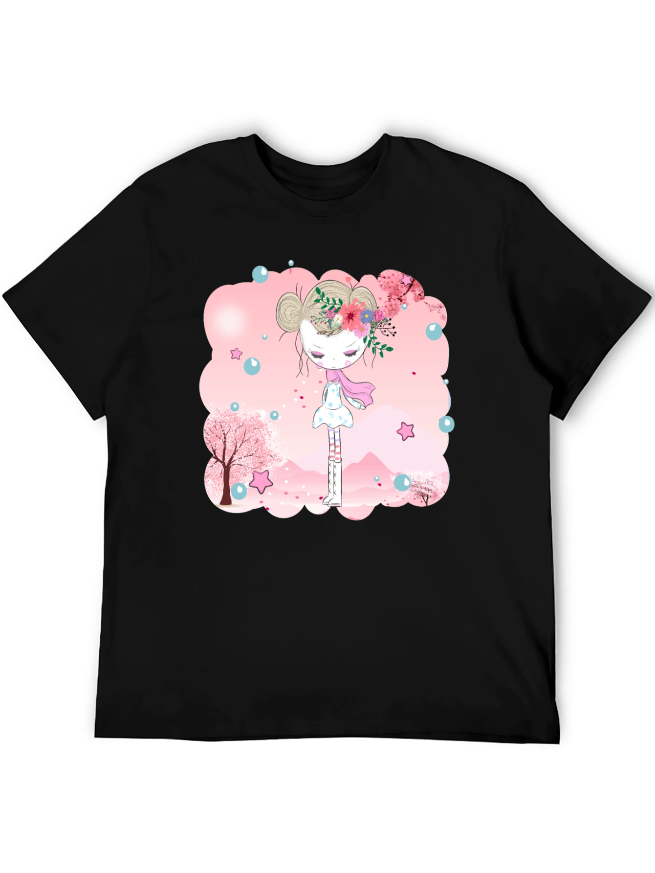 Black T-Shirt with Floral Girl Design
