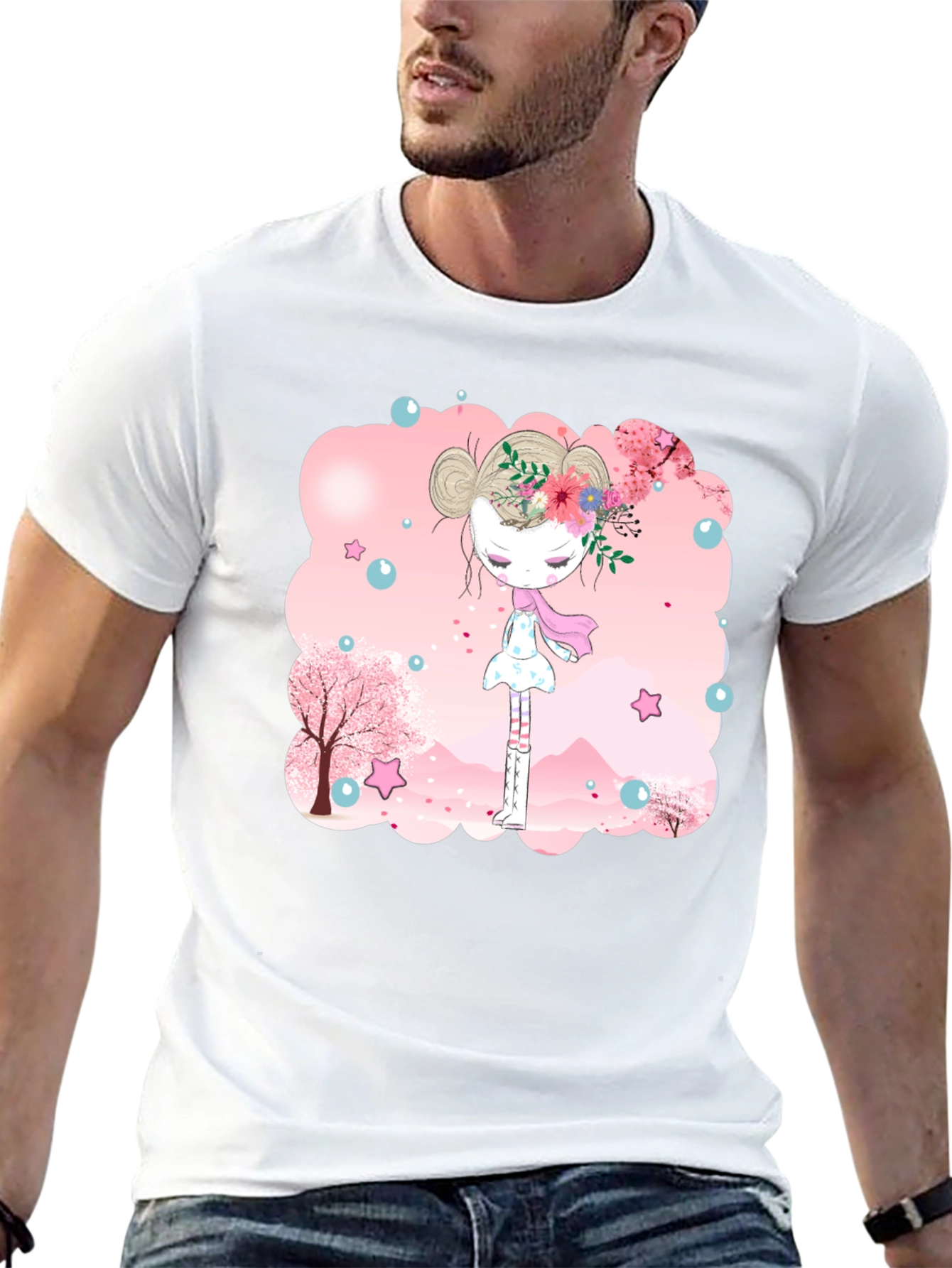 Black T-Shirt with Floral Girl Design