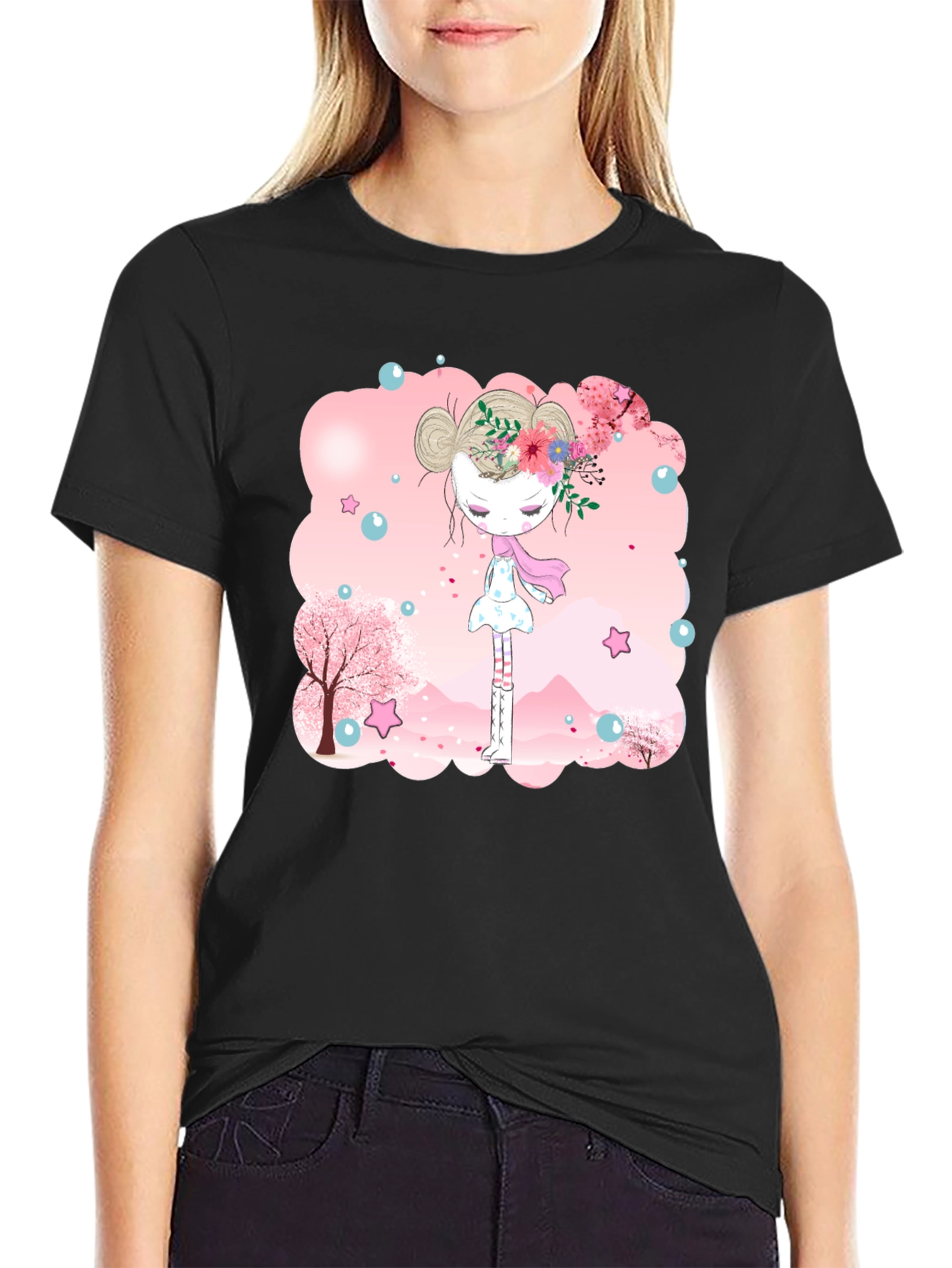 Black T-Shirt with Floral Girl Design
