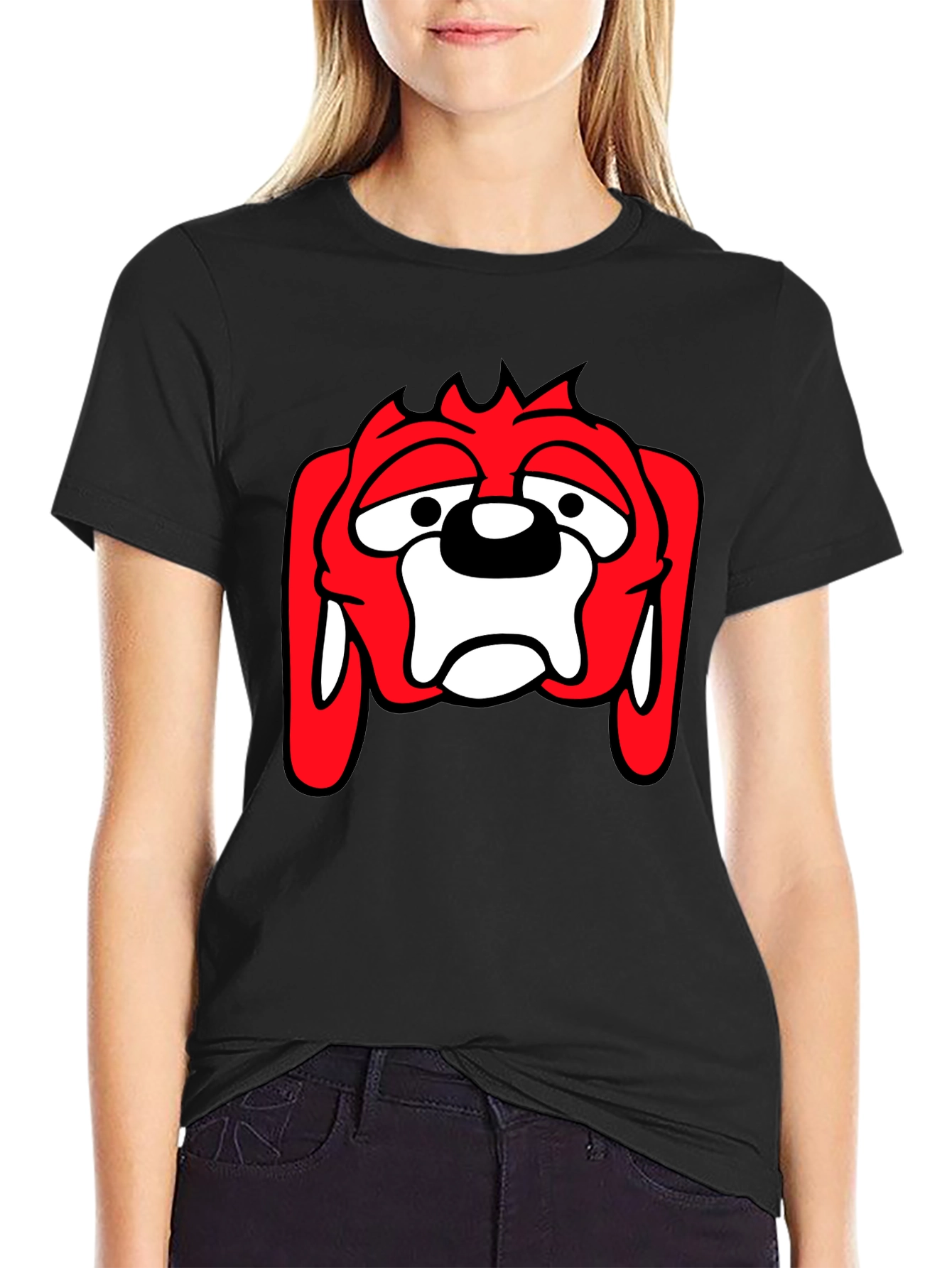 Black T-Shirt with Cartoon Dog Graphic