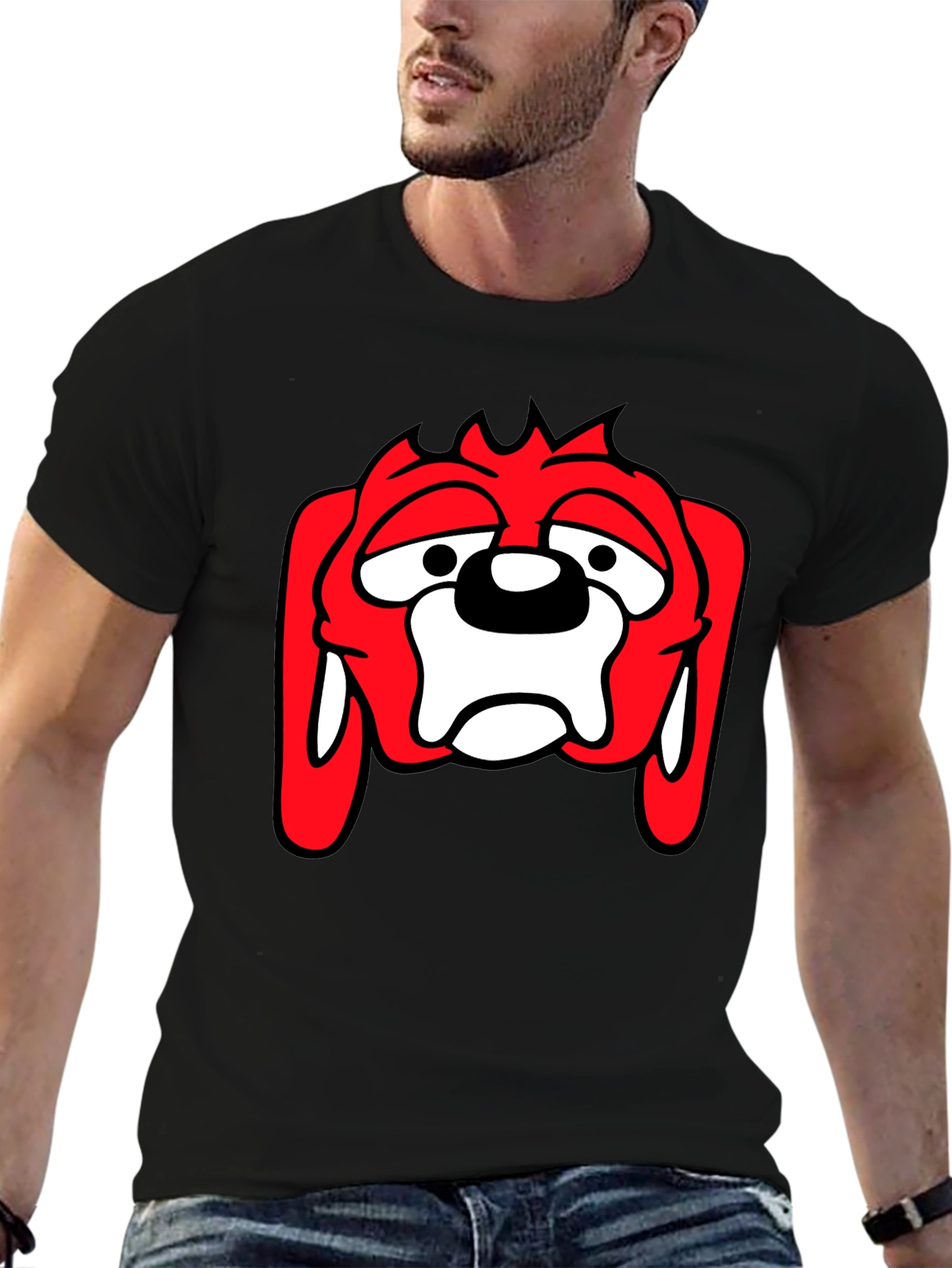 Black T-Shirt with Cartoon Dog Graphic
