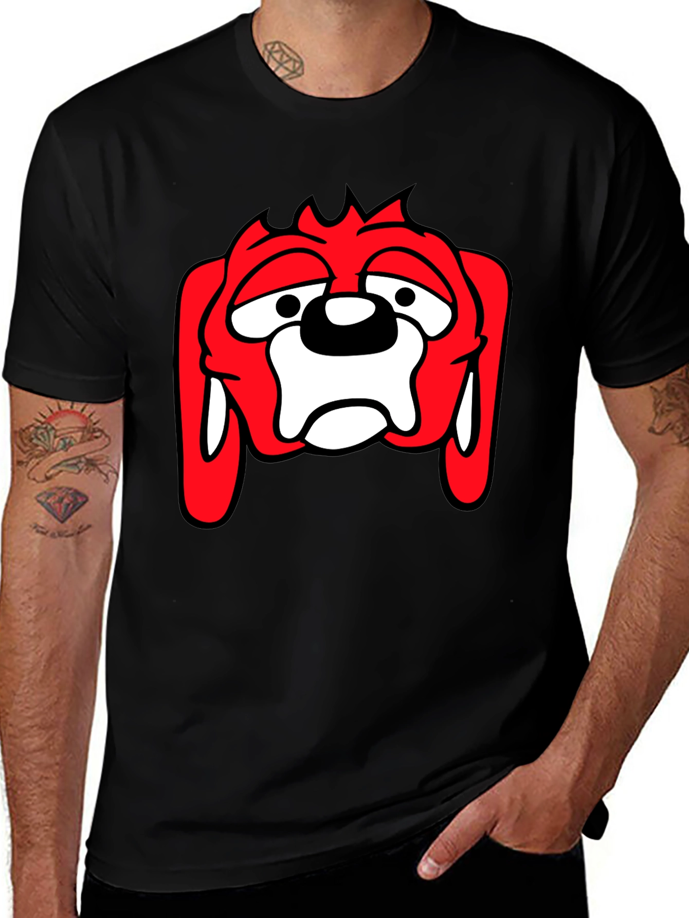 Black T-Shirt with Cartoon Dog Graphic
