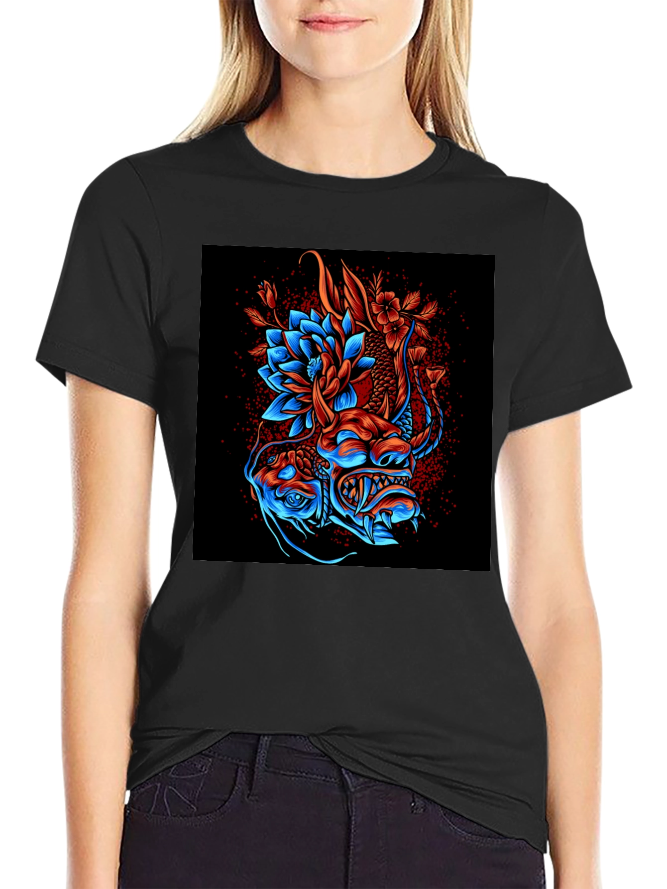 Dragon and Lotus Graphic Print T-Shirt