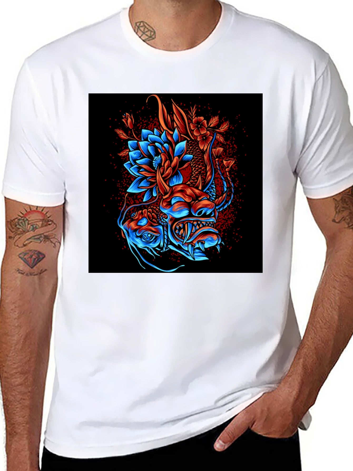 Dragon and Lotus Graphic Print T-Shirt