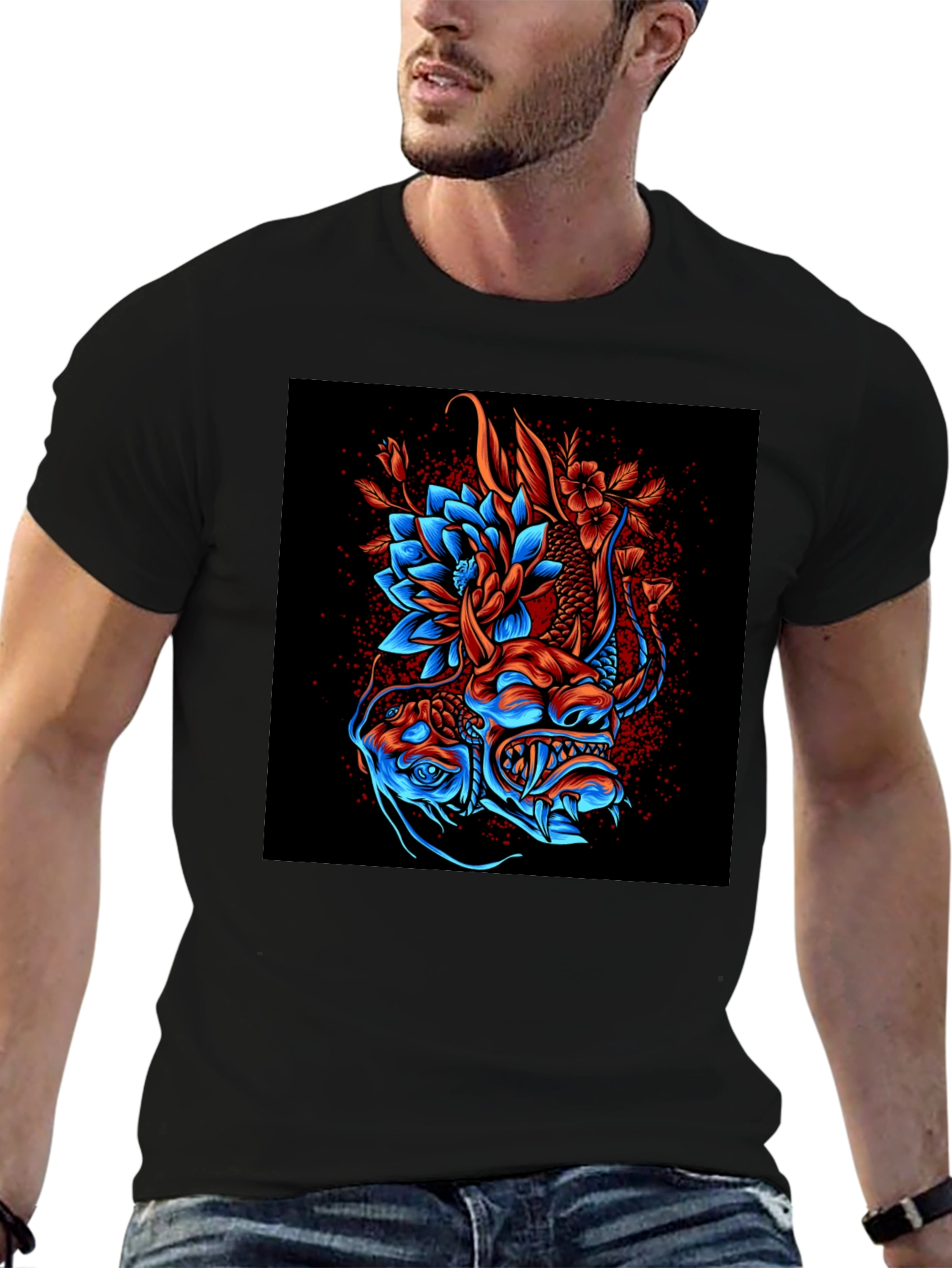 Dragon and Lotus Graphic Print T-Shirt