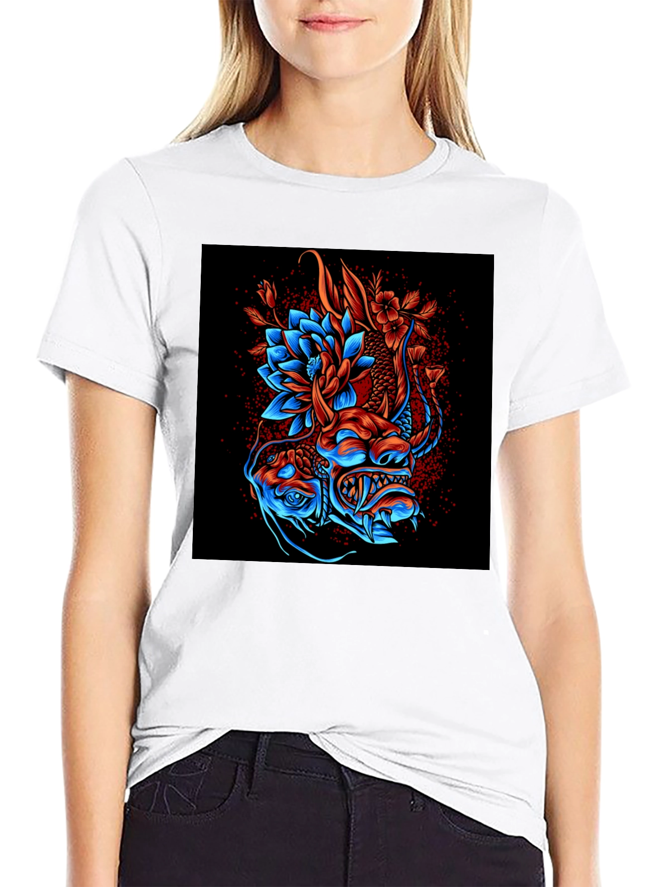 Dragon and Lotus Graphic Print T-Shirt