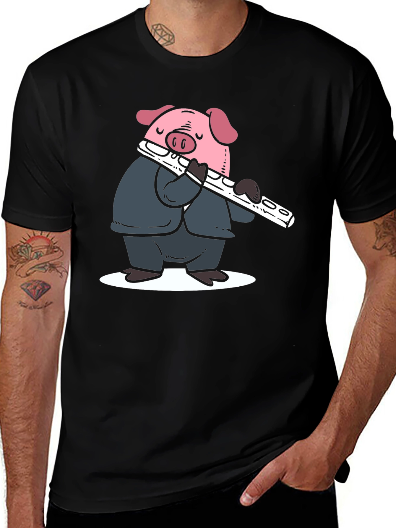 Pig Flute Player Graphic T-Shirt - Black