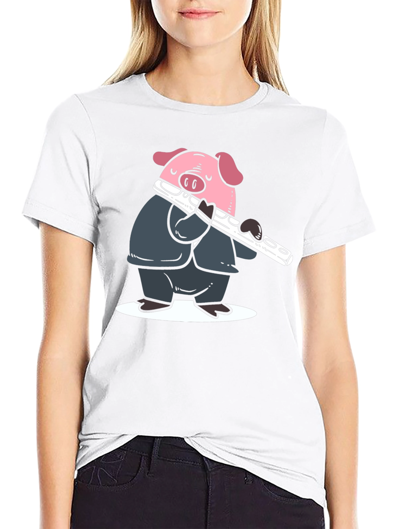 Pig Flute Player Graphic T-Shirt - Black