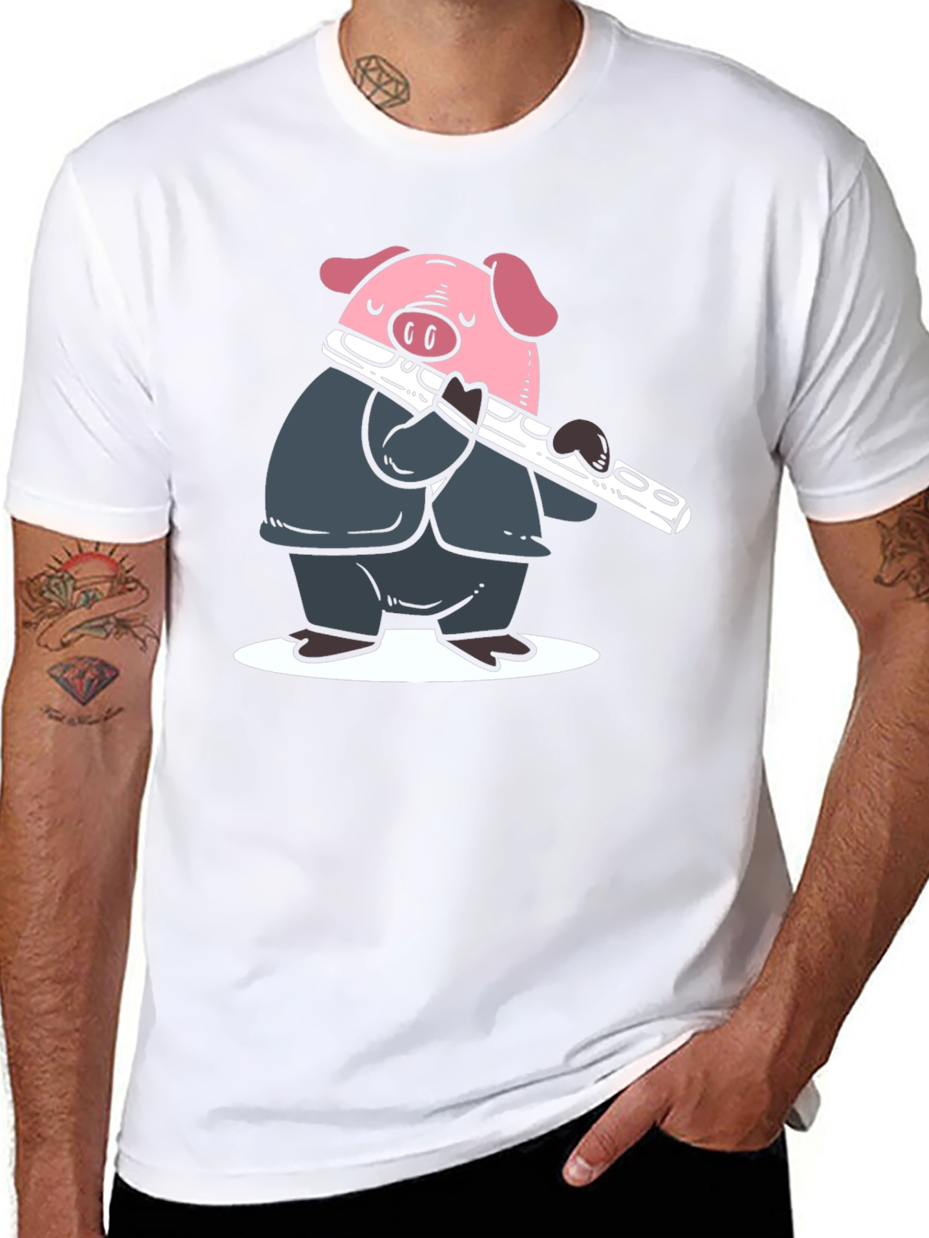 Pig Flute Player Graphic T-Shirt - Black