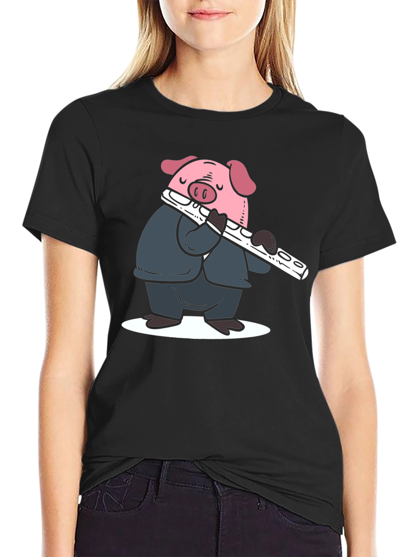 Pig Flute Player Graphic T-Shirt - Black