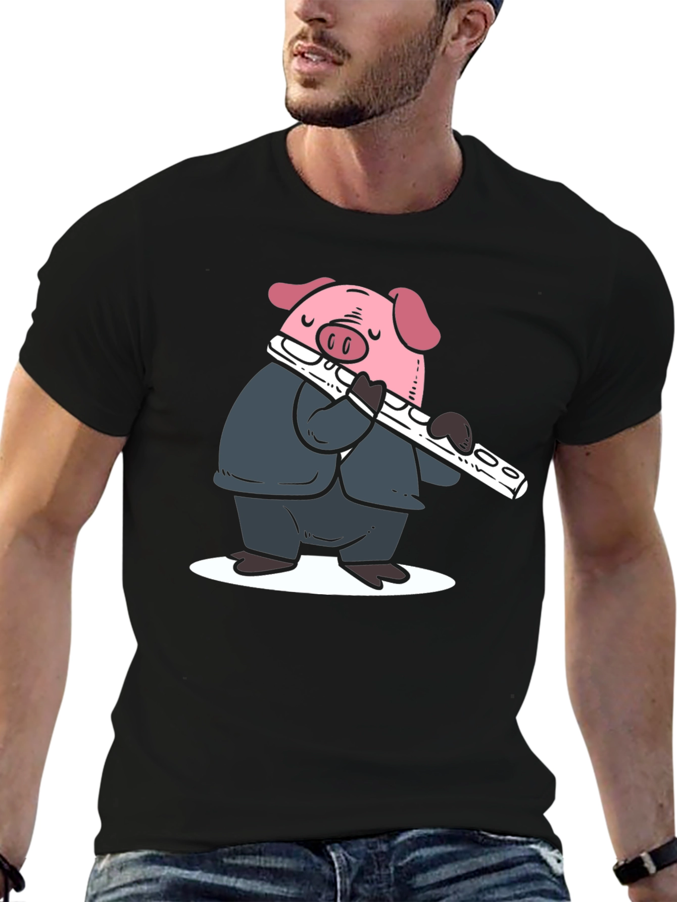 Pig Flute Player Graphic T-Shirt - Black