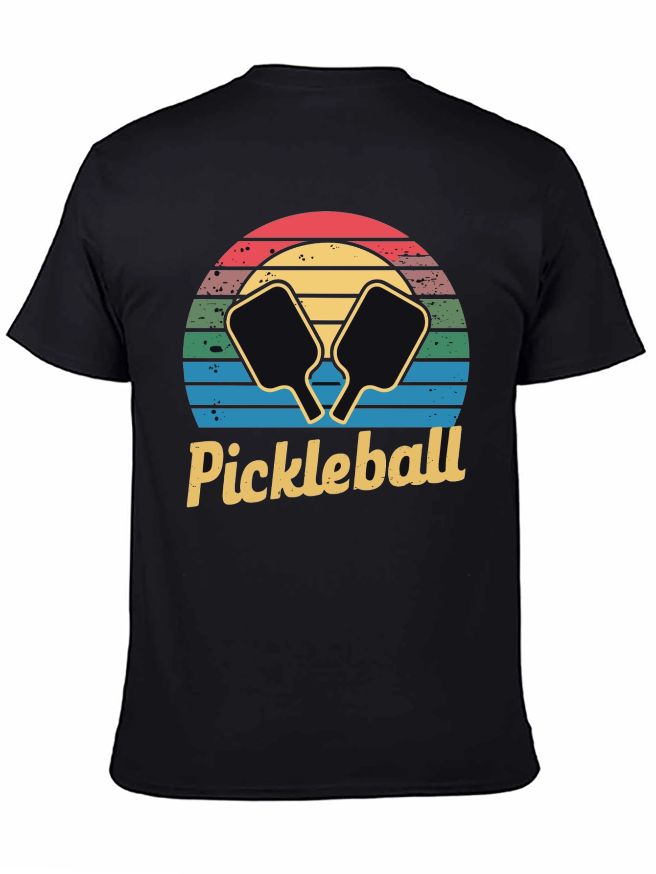 Retro Pickleball Sunset T-Shirt - Black Cotton Tee