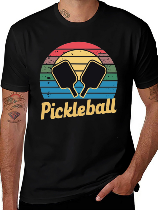 Retro Pickleball Sunset T-Shirt - Black Cotton Tee
